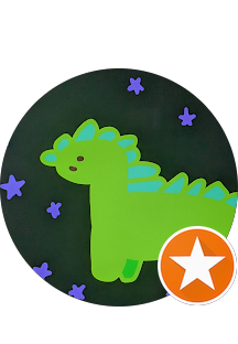 A green cartoon dinosaur with blue spikes on its back surrounded by purple stars on a dark background.