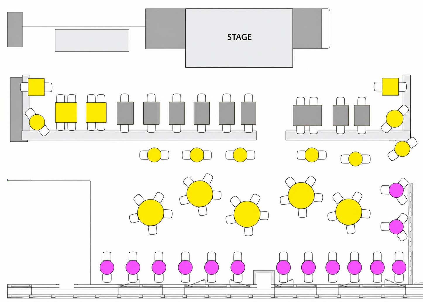 Layout diagram of an event or conference space with a stage at the top, various seating arrangements including rectangular and round tables, and some chairs in purple and yellow colors, with the purple chairs located along the bottom and right sides of the room.