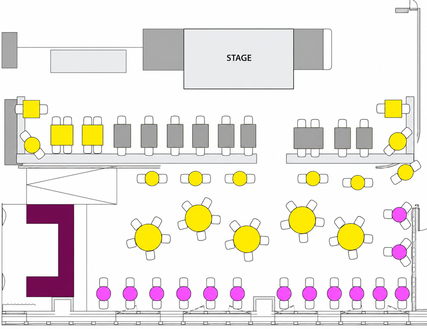 Top-down layout of a venue with a stage at the top, surrounded by tables and chairs in yellow and purple, arranged in sections for seating and dining.
