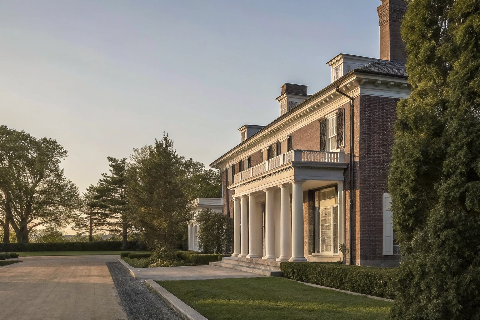 A large brick house with white columns and a porch, surrounded by trees and a driveway, in the late afternoon.