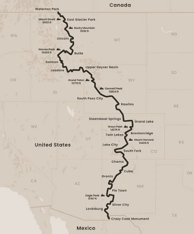 Map of the route from the United States to Mexico, passing through cities and landmarks like South Pass City, Lake City, Grand Lake, and Lordsburg, with elevations and park names along the way.