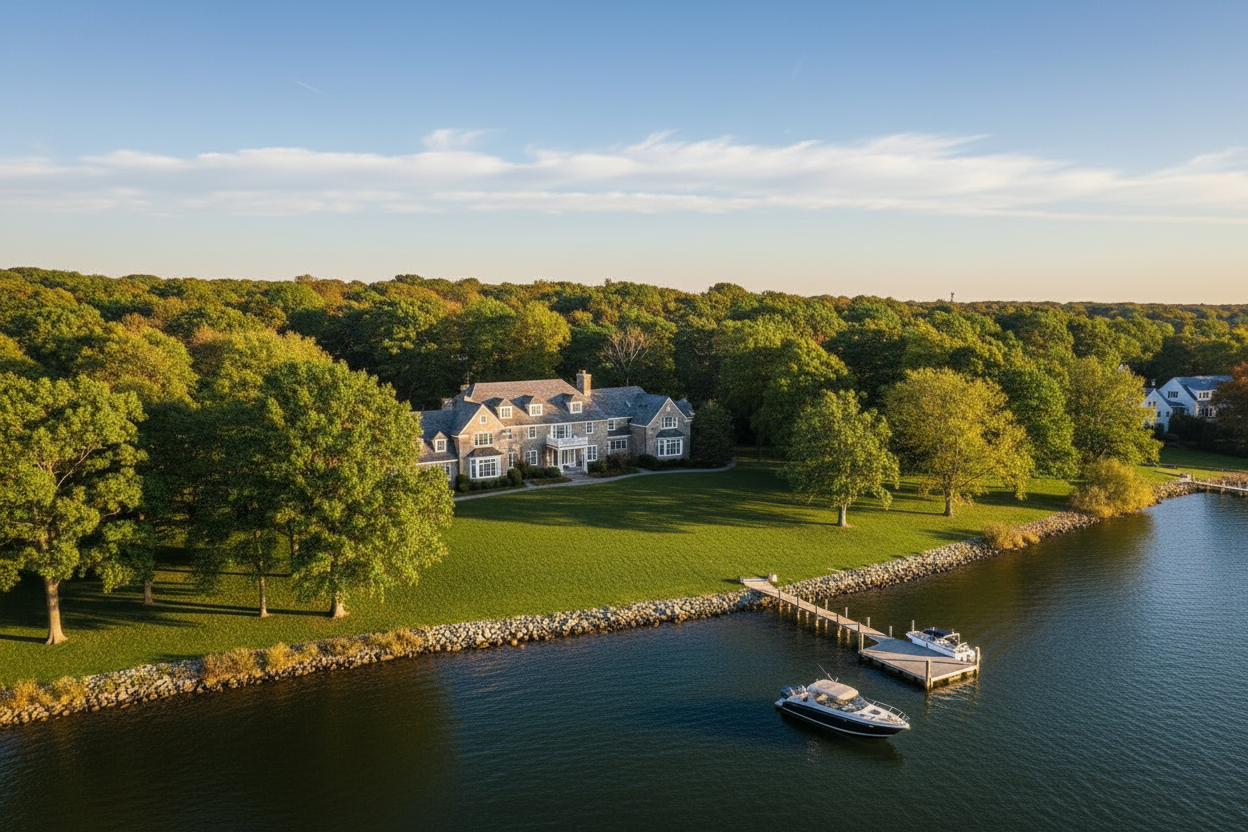 A large house near a body of water with a dock and boats, surrounded by grass and trees under a blue sky with clouds.