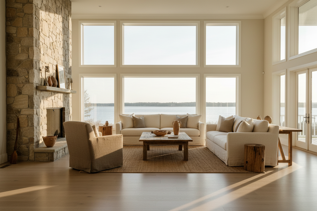 Living room with large windows overlooking a body of water, featuring a stone fireplace, beige sofas, a wooden coffee table, and minimal decor in natural tones.