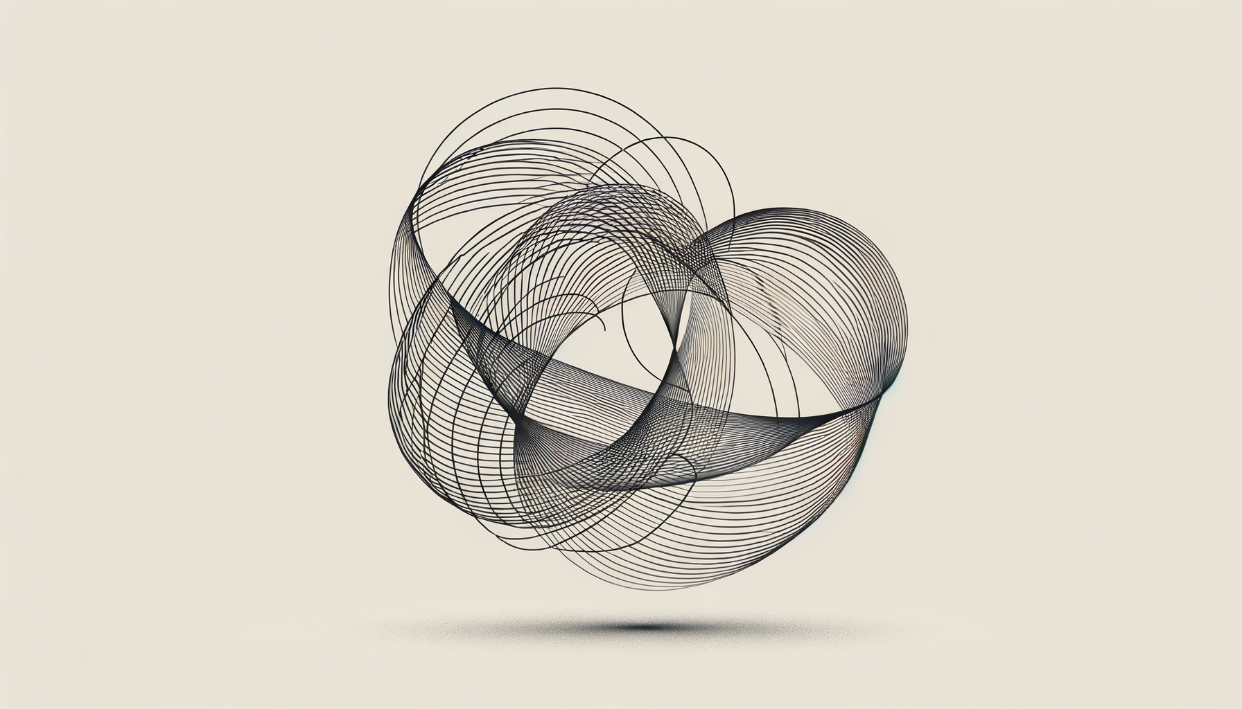 Abstract geometric wireframe sculpture with interconnected black lines forming a spherical shape on a light background.