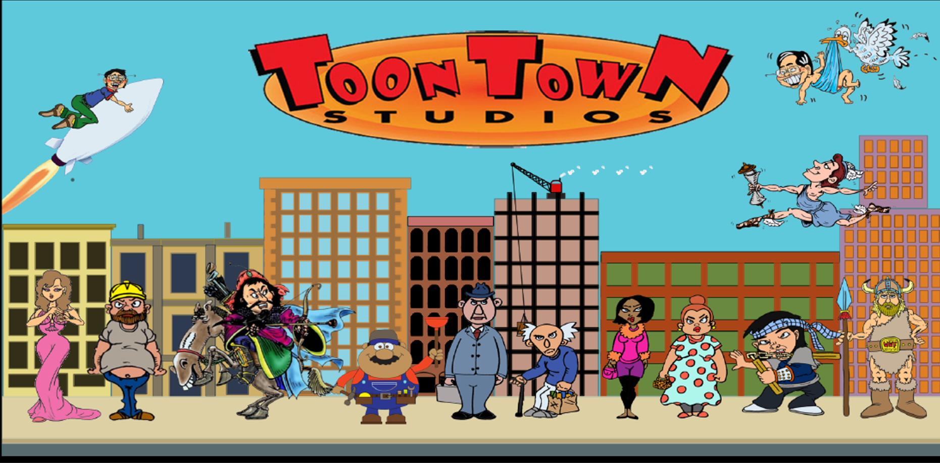 A colorful cartoon city scene with diverse characters, including a man on a rocket, various people on the ground, and mythical creatures, with a large orange and red sign reading 'Toon Town Studios' at the top.
