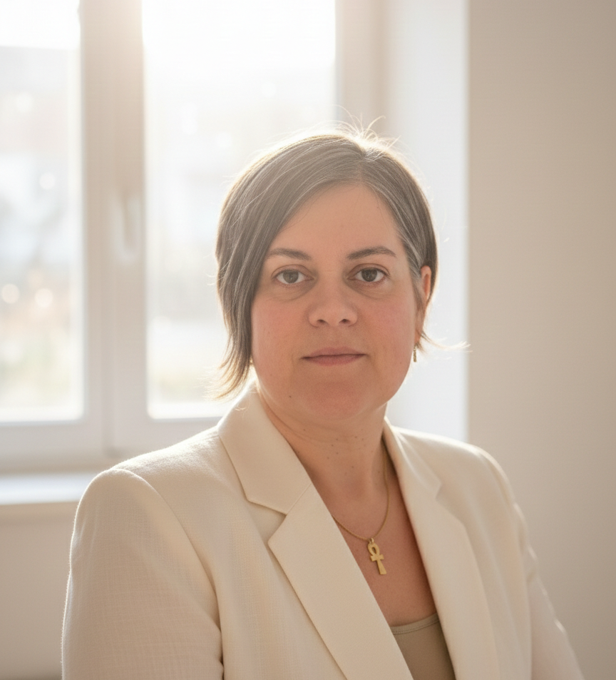 Portrait d'une femme avec une veste blanche, portant un collier avec un symbole ankh, debout près d'une fenêtre en intérieur.