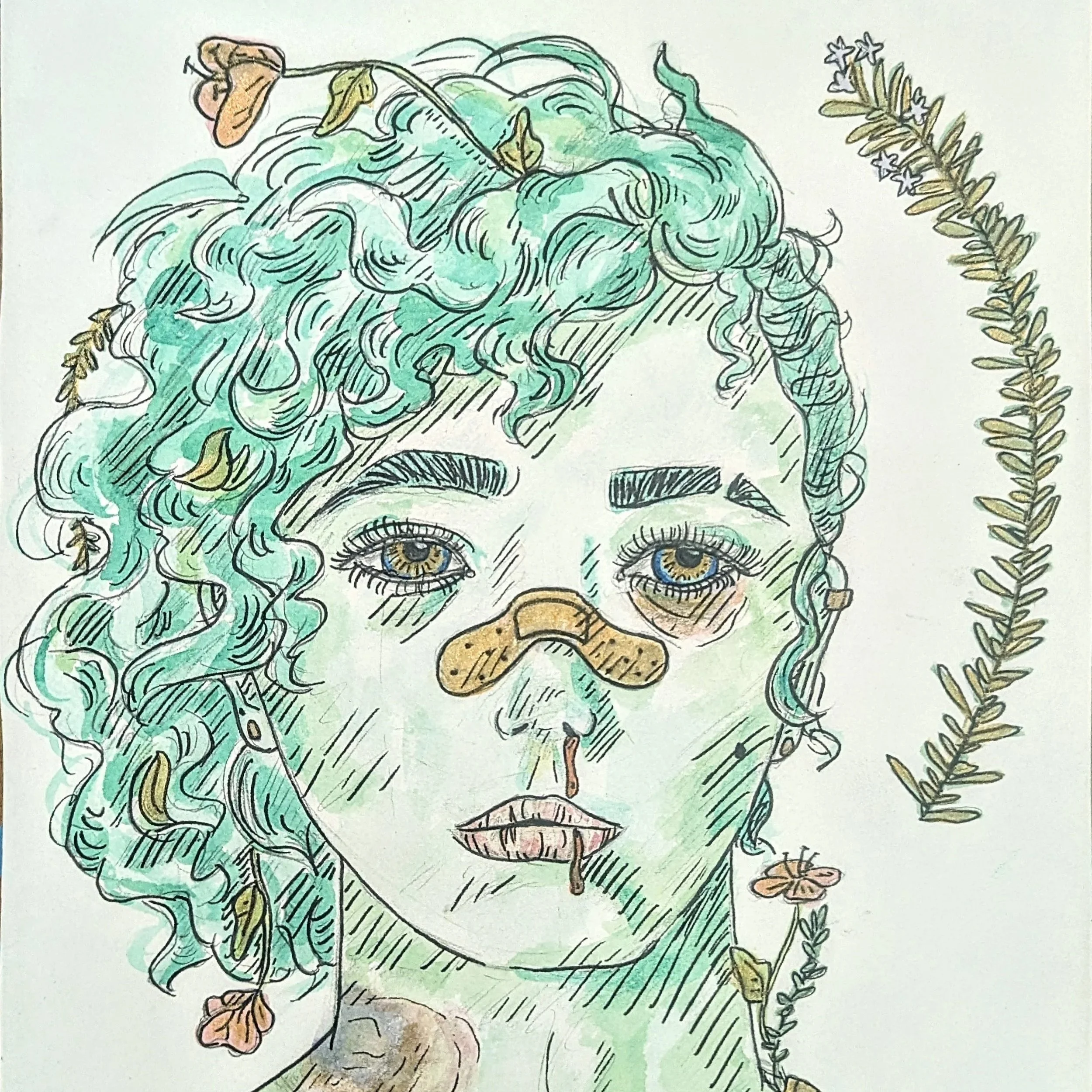 portrait of girl with green skin and hair, she's been beat up but represents hope
