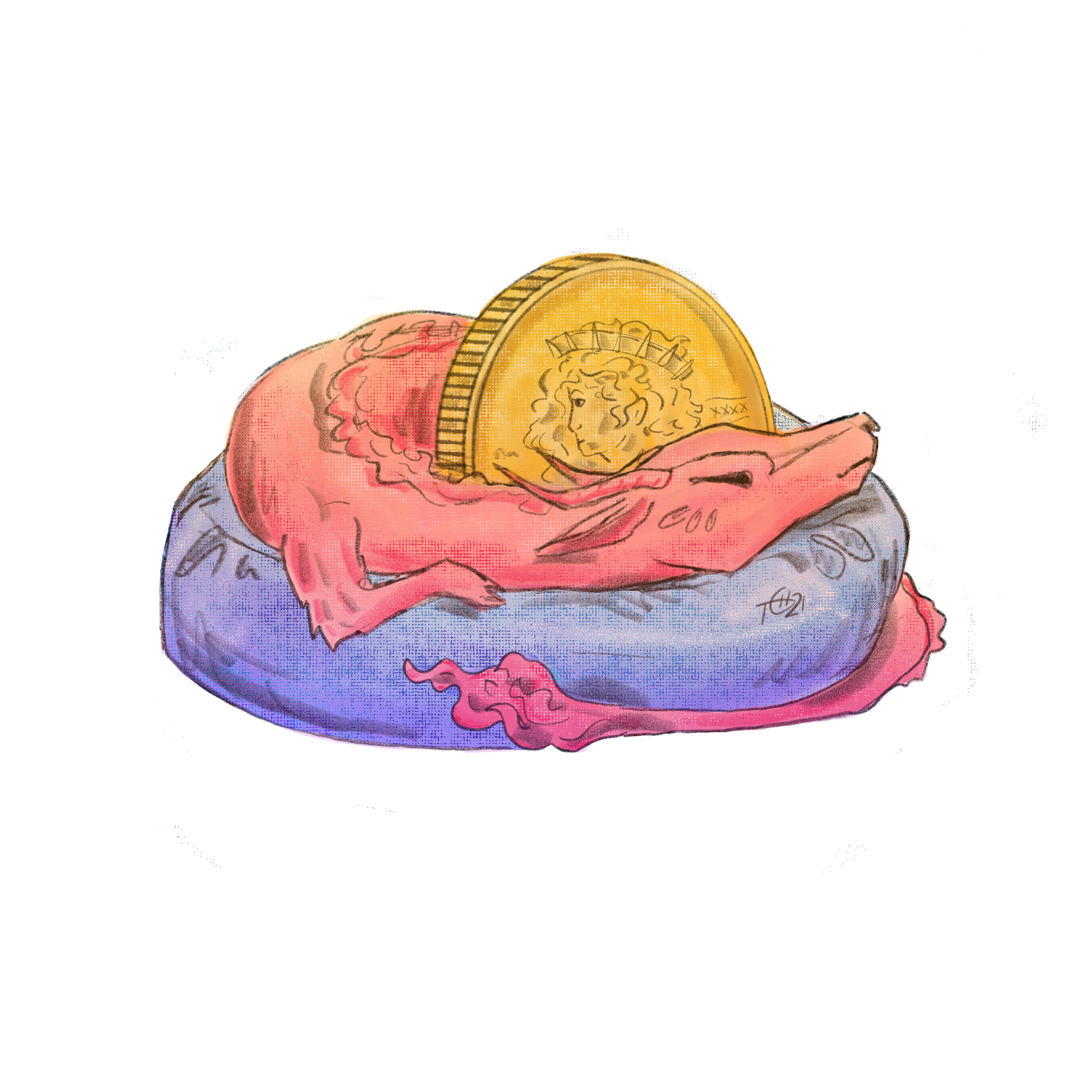 a tiny red dragon curled around a single gold coin on a blue cushion