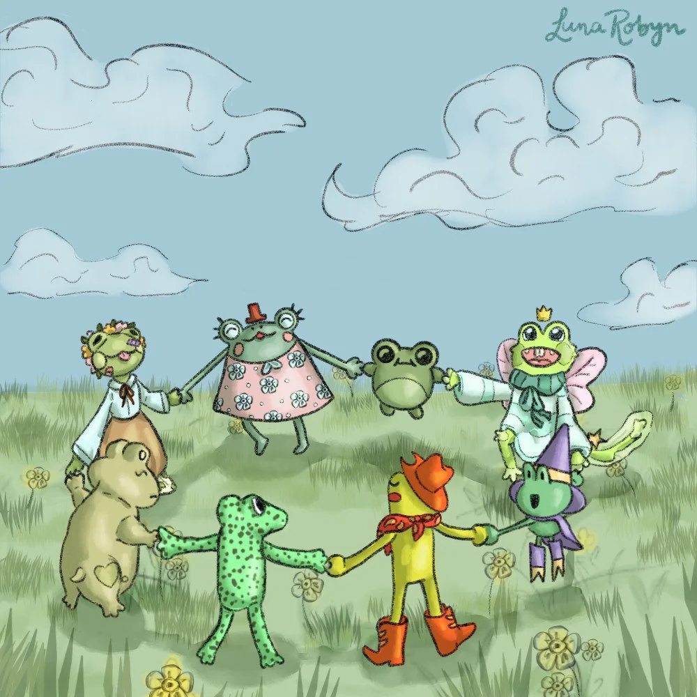 a circle of frog characters holding hands standing in a circle in a green field under a blue sky with clouds