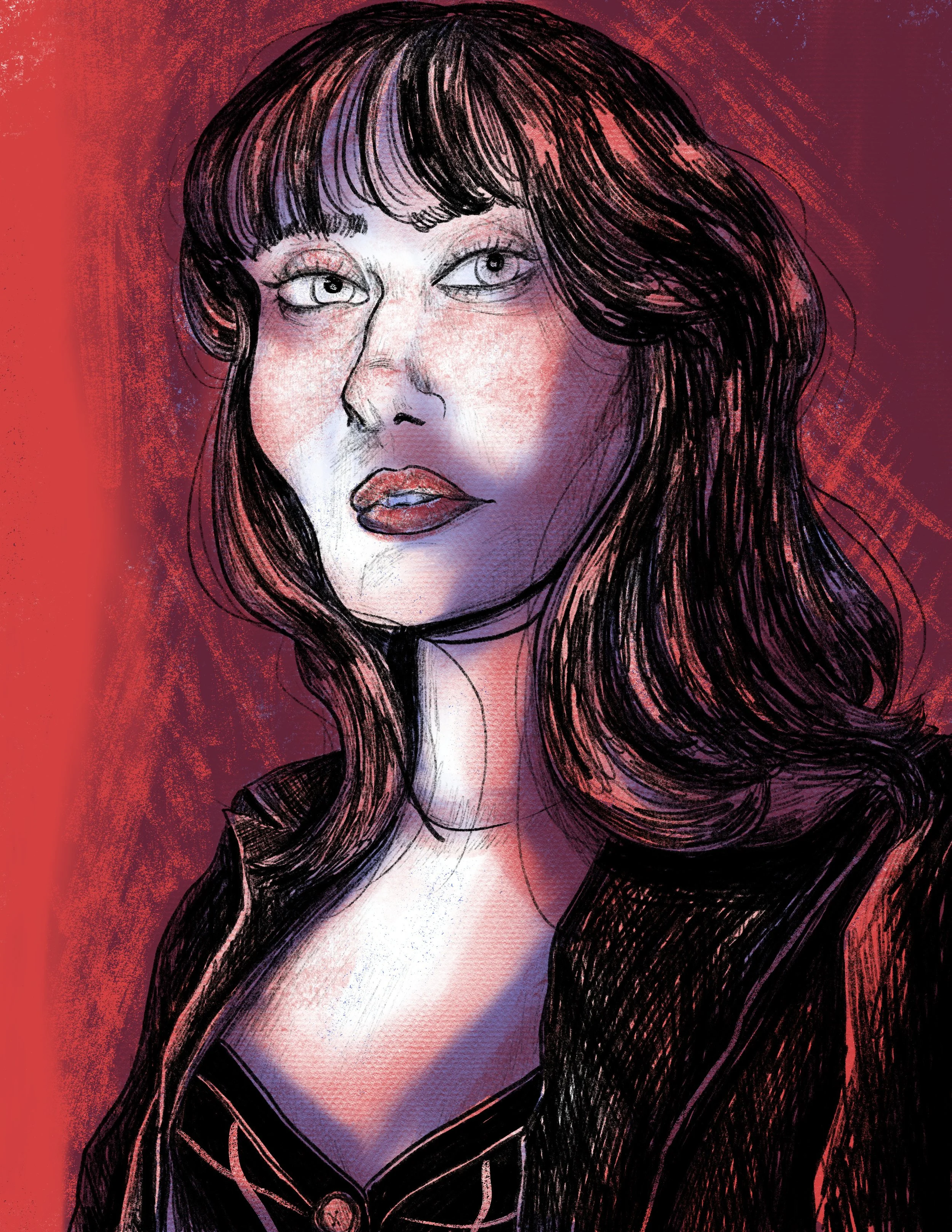 A digital sketch of a woman with long, wavy dark hair with purple highlights. She has light-colored eyes, full lips, and is wearing a dark jacket.