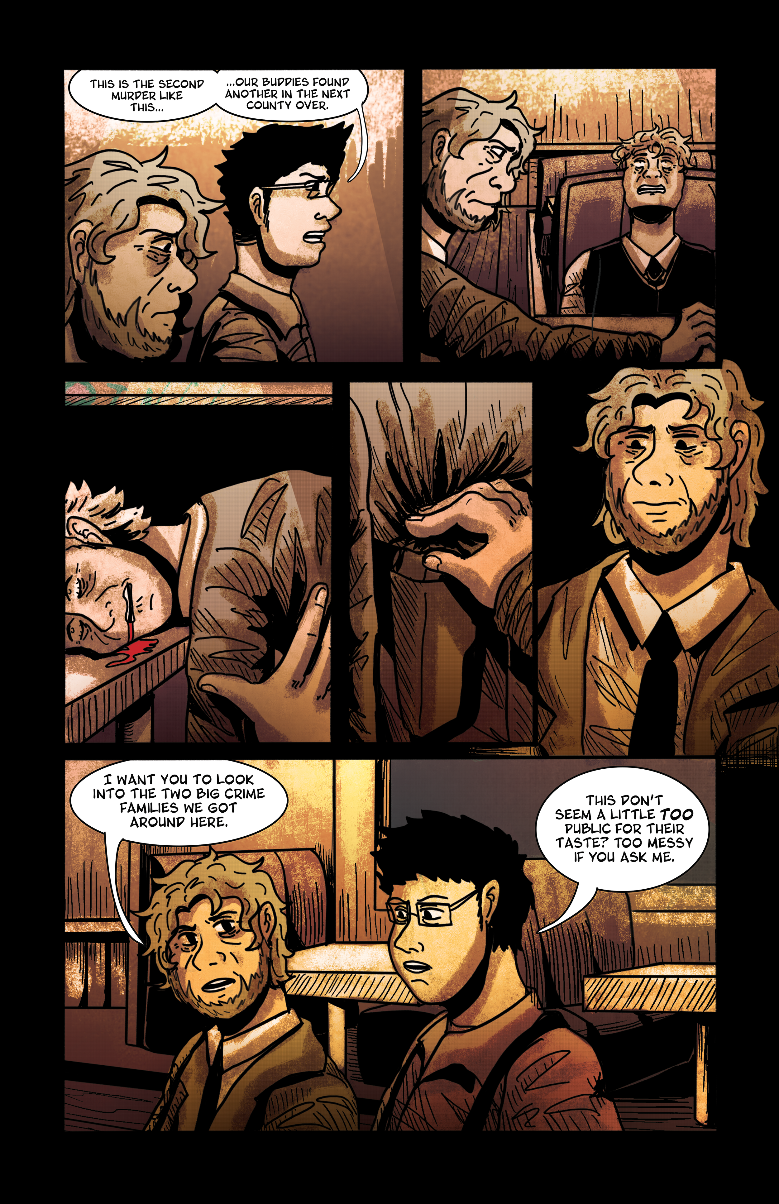 A comic strip depicting two men discussing crime families. They observe a crime scene with a dead person bleeding from the nose and an injured person, possibly a victim of violence. One man asks the other to investigate the two major crime families in the area, and the other responds with a sarcastic comment about the situation looking overly public and messy.