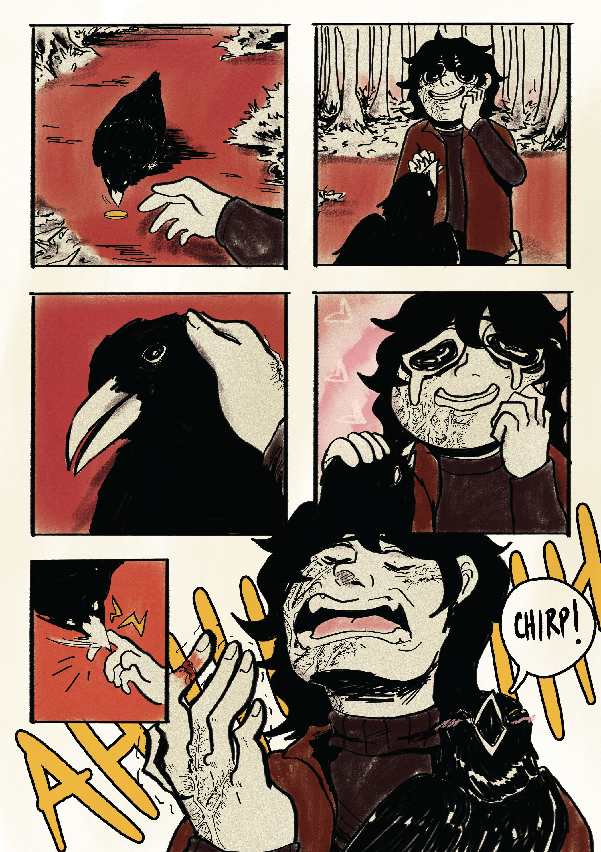 A comic strip depicting a person in a red jacket and dark curly hair interacting with a large black bird, possibly a crow or raven, in a forest setting. In the first panel, the person holds a coin near the bird. In the second panel, the person looks happy, while the bird is perched nearby. In the third panel, the bird pecks the person's hand, causing pain. In the final panel, the person cries out in pain, tears streaming down their face, with a distressed expression.