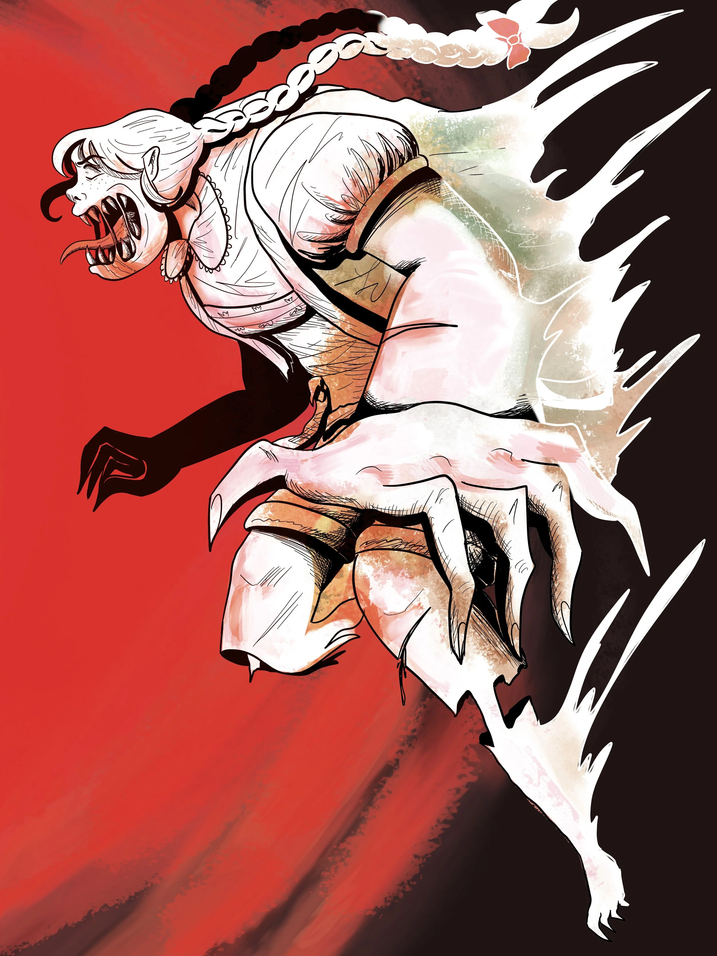 A digital artwork of a creature with a distorted female face that has sharp teeth, elongated tongue, and pointed ears. It has long braided hair with a bow, and a body with elongated limbs and claws, set against a red and black background with dynamic white streaks.