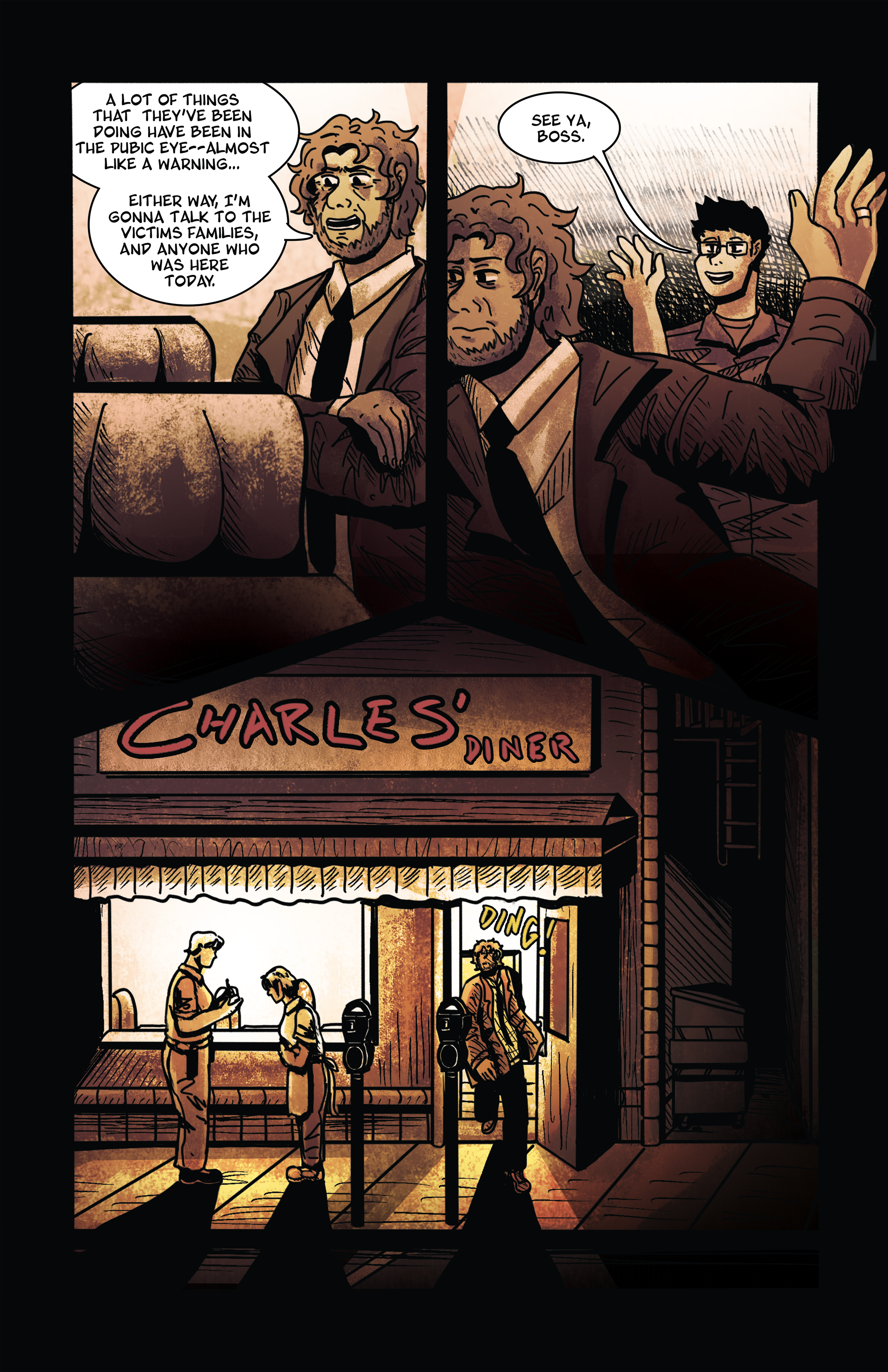 Comic strip showing a man giving a speech on a stage, with a sign that reads 'Charlie’s Diner'. In the background, people are waiting outside a diner, and inside the diner, customers are ordering and eating.