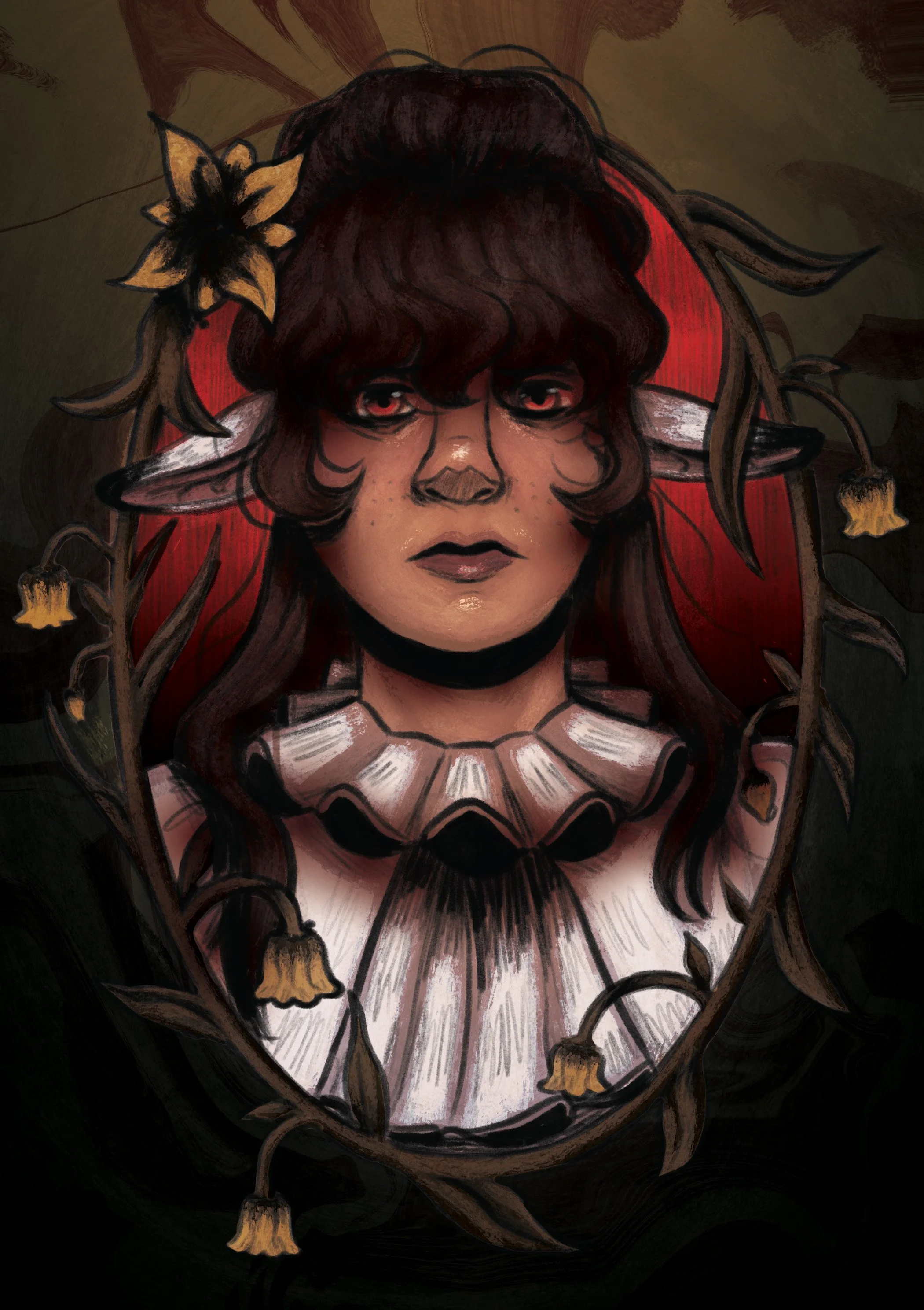 A fantasy-style illustration of a woman with dark, wavy hair and freckles on her face, wearing a large ruffled collar and dark makeup, framed by an ornate, dark floral border with gold accents and hanging bells.