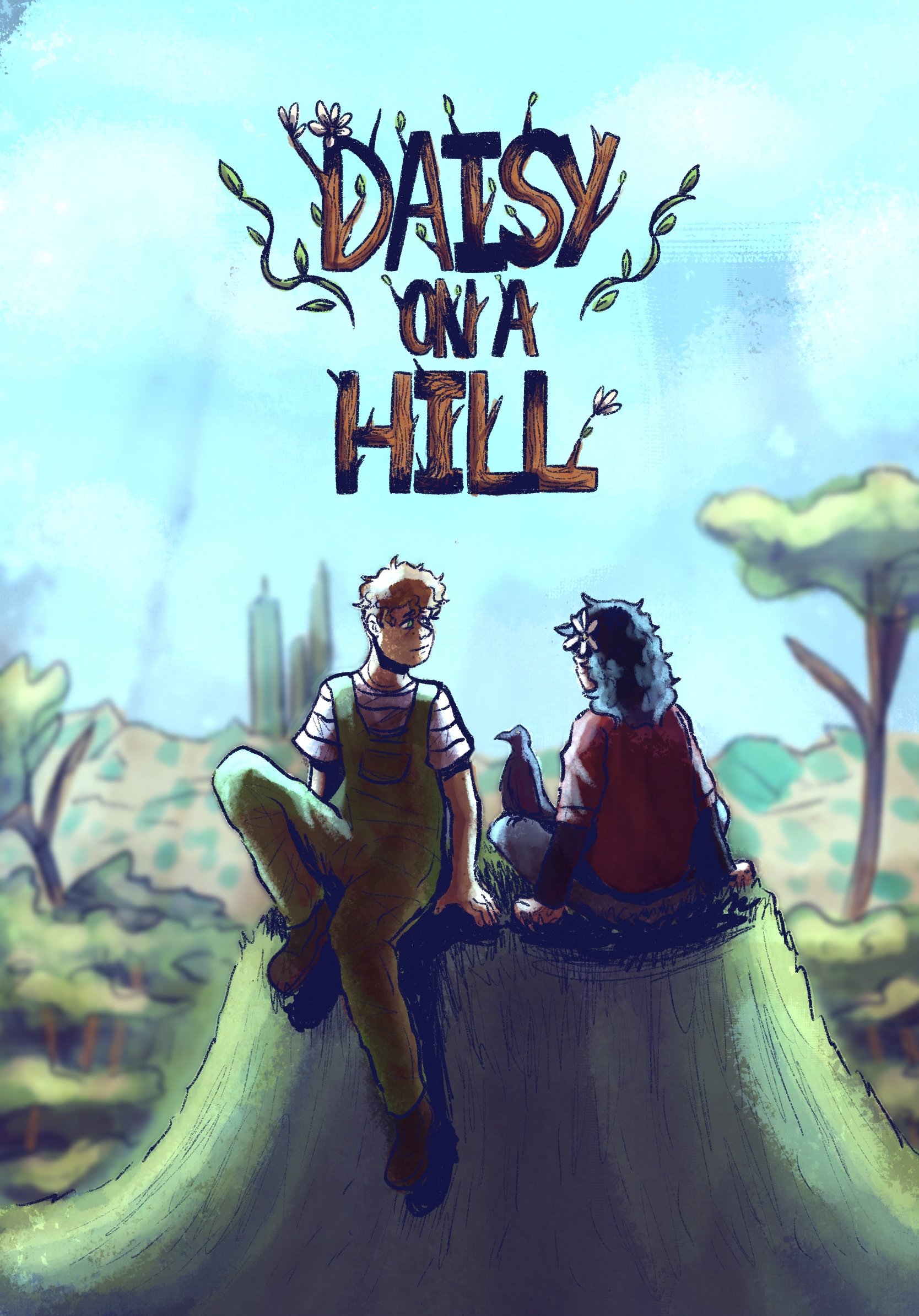 An illustrated scene of two teenagers sitting on a hill, one with curly hair and glasses, the other with straight hair and a flower in her hair, with a background of trees and a light blue sky. The text above them reads 'Daisy and a Hill' with whimsical lettering and vine decorations.