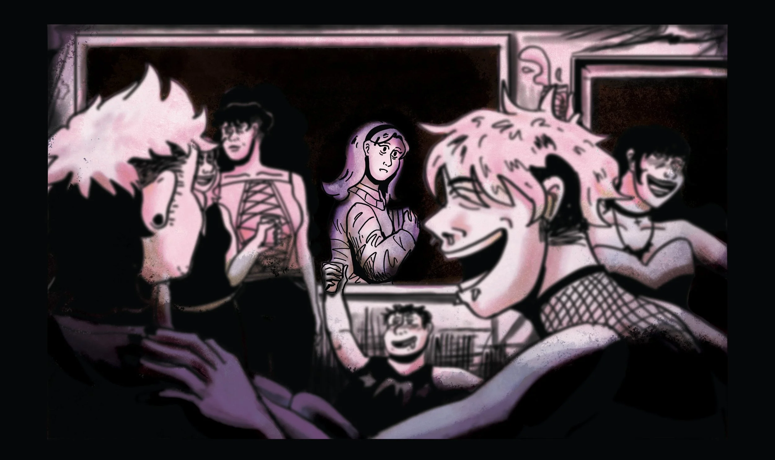 A group of young women at a party, some topless, one looking uncomfortable, others smiling and laughing, in a dimly lit room.