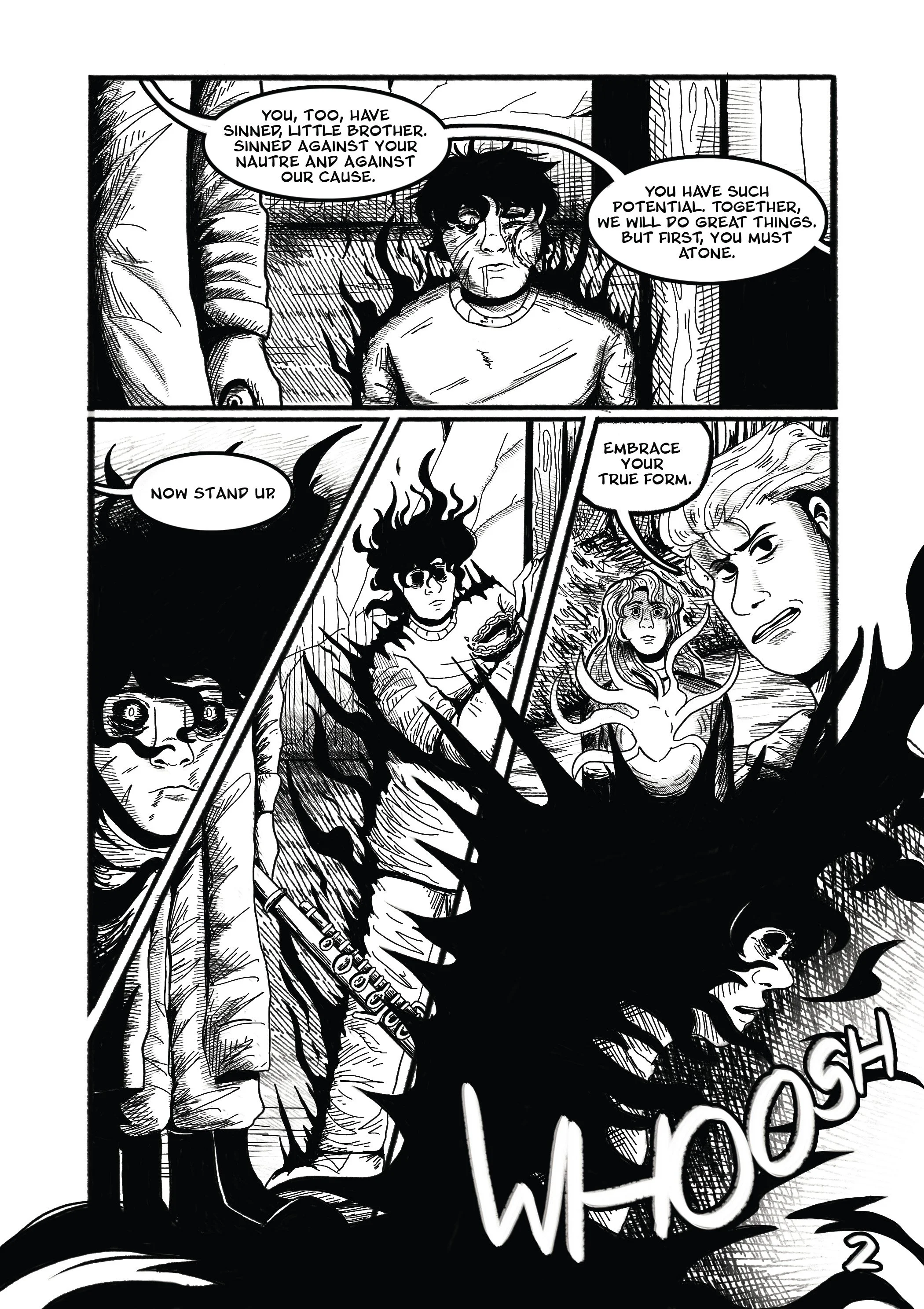 A black-and-white comic panel showing a person with long hair and glasses, surrounded by a dark, shadowy figure with an aggressive expression, in a forest setting. The scene includes dialogue with phrases like 'Now stand up,' 'Embrace your true form,' and 'Whoosh!'