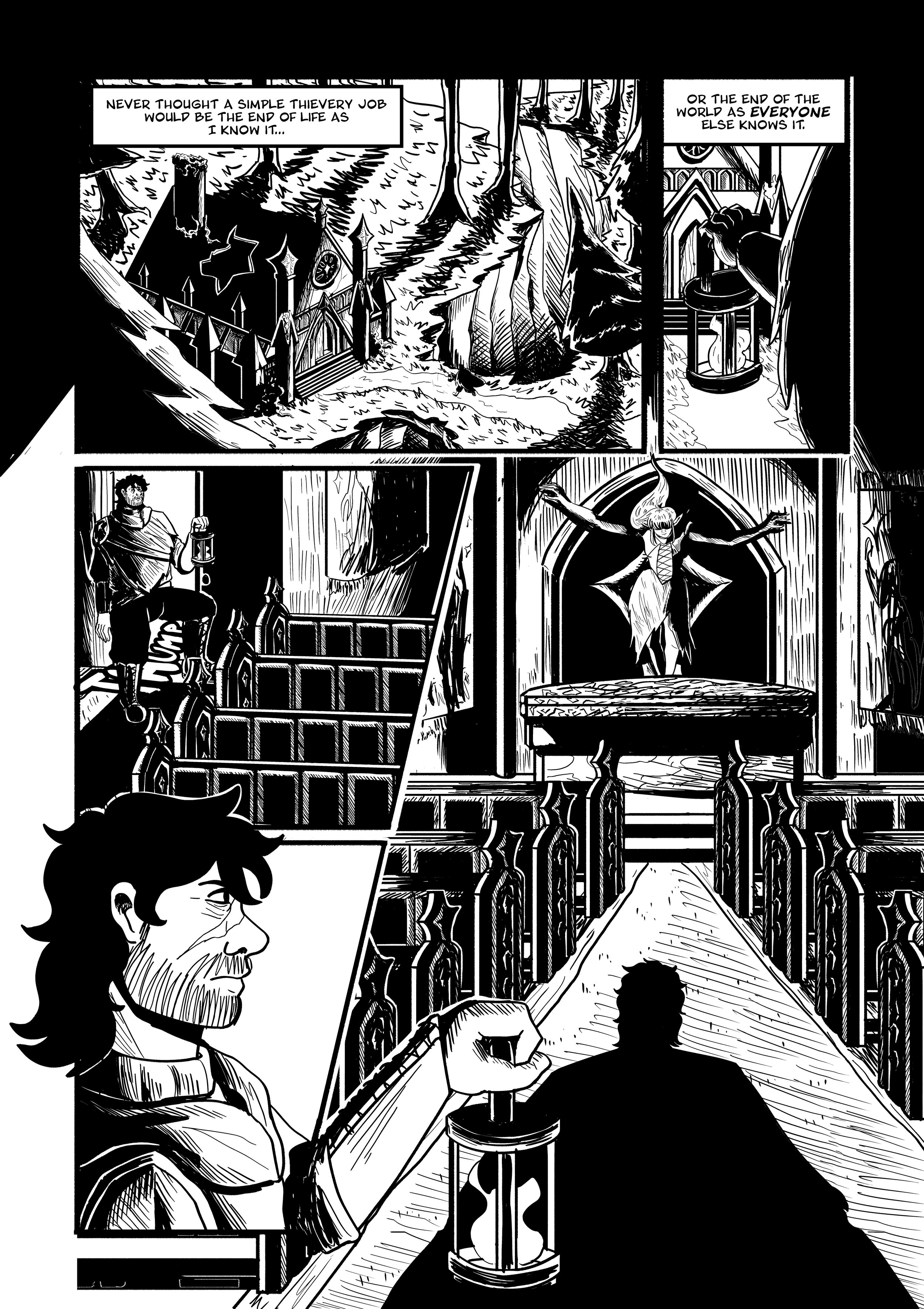 Black and white comic panel depicting two characters holding lanterns inside a gothic-style castle or cathedral, with a large, ornate altar or stage at the front and tall arched windows. One character has long hair and the other has short hair, both in medieval or fantasy attire.