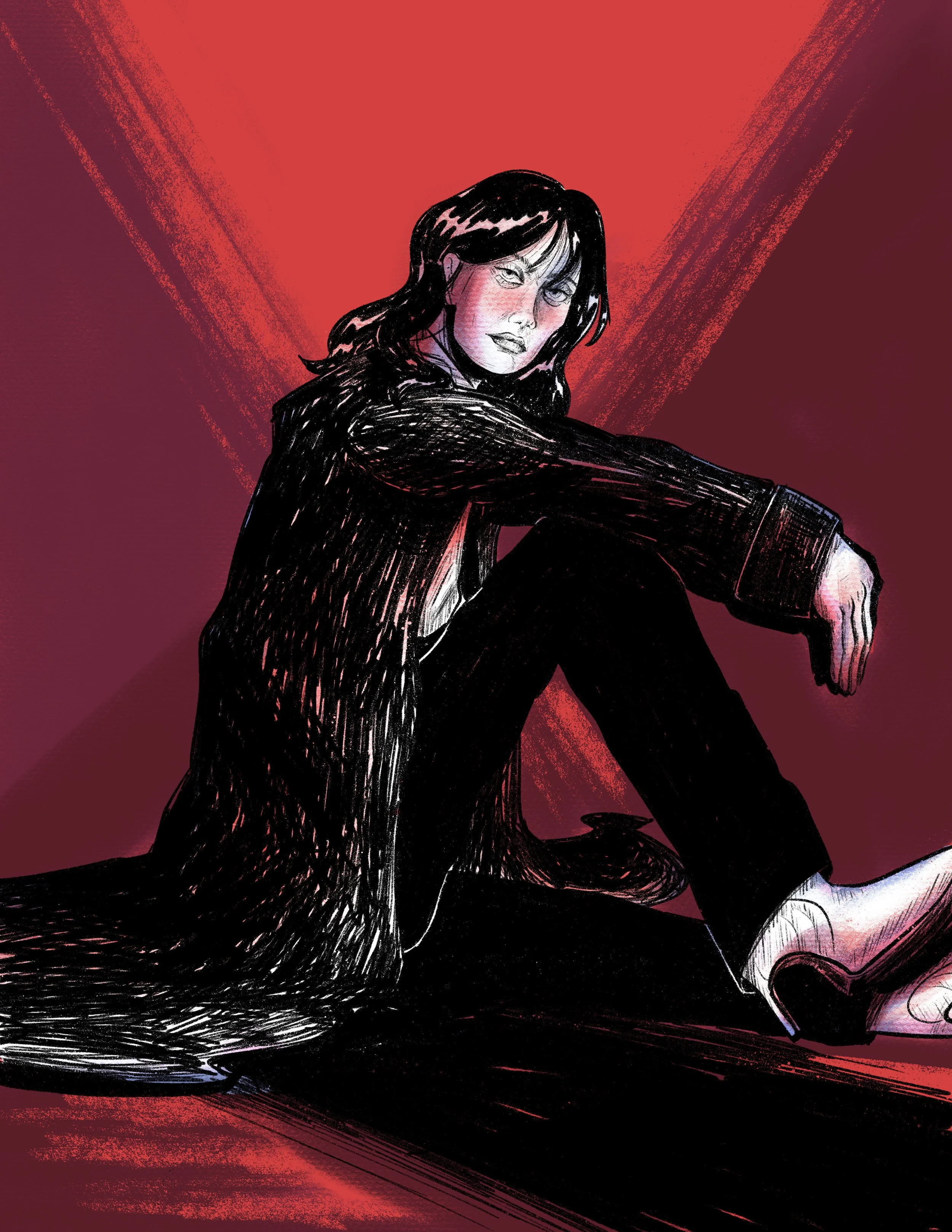 A digital illustration of a woman with black hair and a black jacket, sitting with one leg up, against a red background with sweeping black and red brushstrokes.