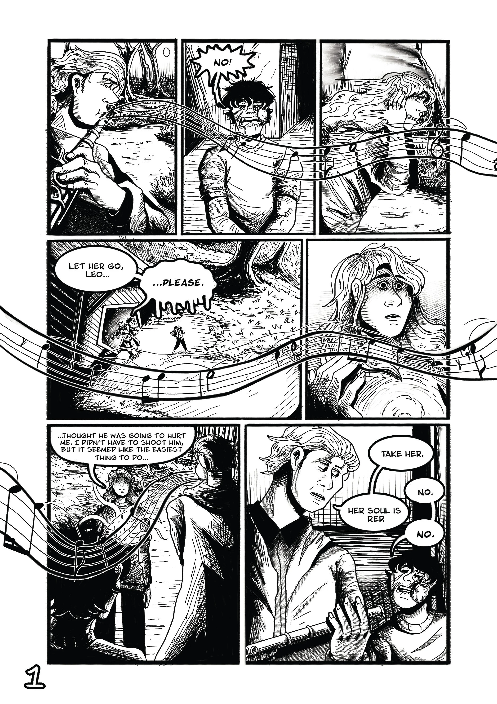 Black and white comic strip depicting a scene where a woman blows musical notes from a flute towards a crying man. The man is surrounded by a forest landscape with a river, and another woman is shown in the background crying and asking to let a girl go. A man with glasses is speaking to the crying woman, and she appears distressed.