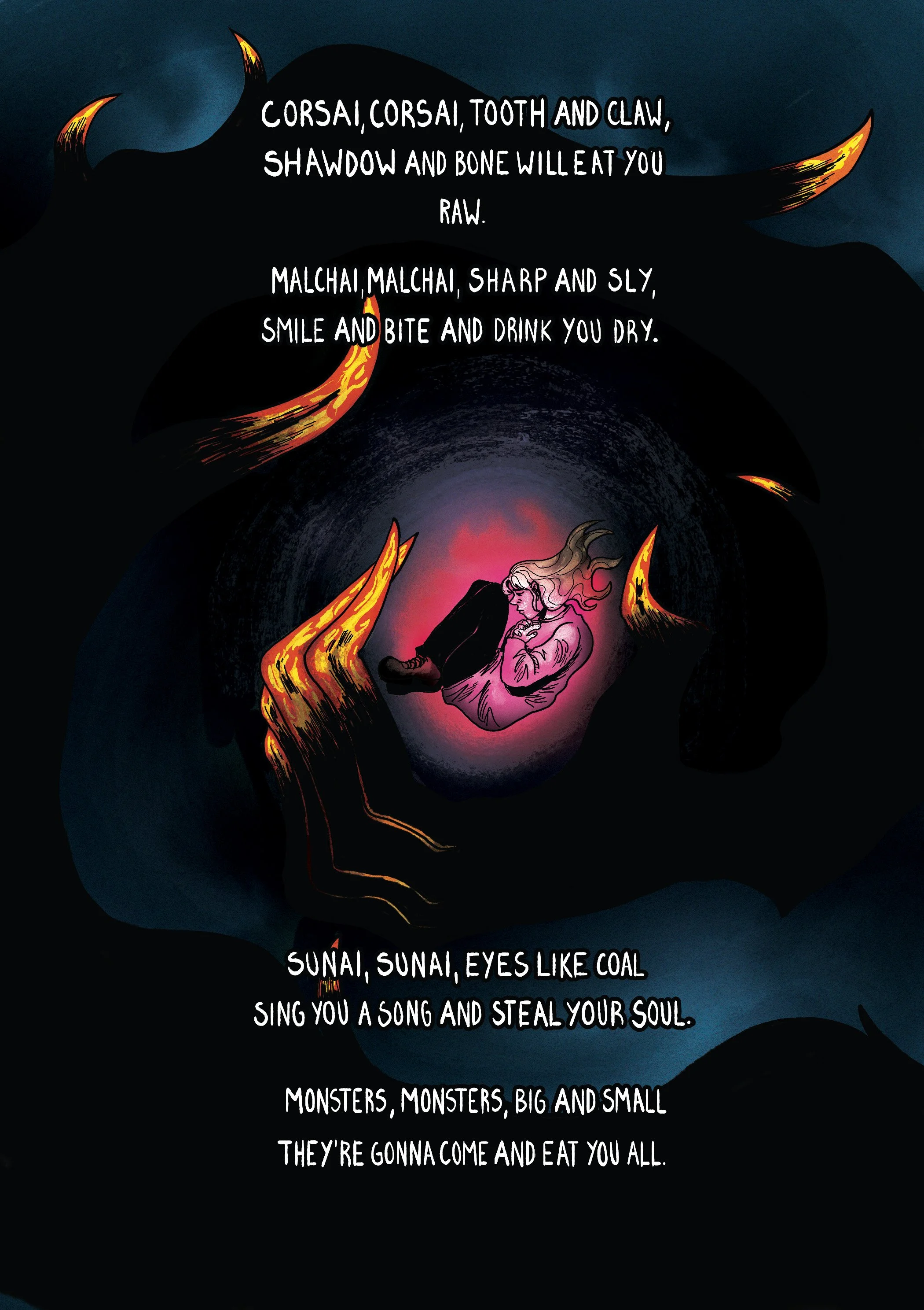 A dark illustration featuring fiery claws and a girl sitting with her knees to her chest, surrounded by lyrics from a song with a dark, spooky theme.