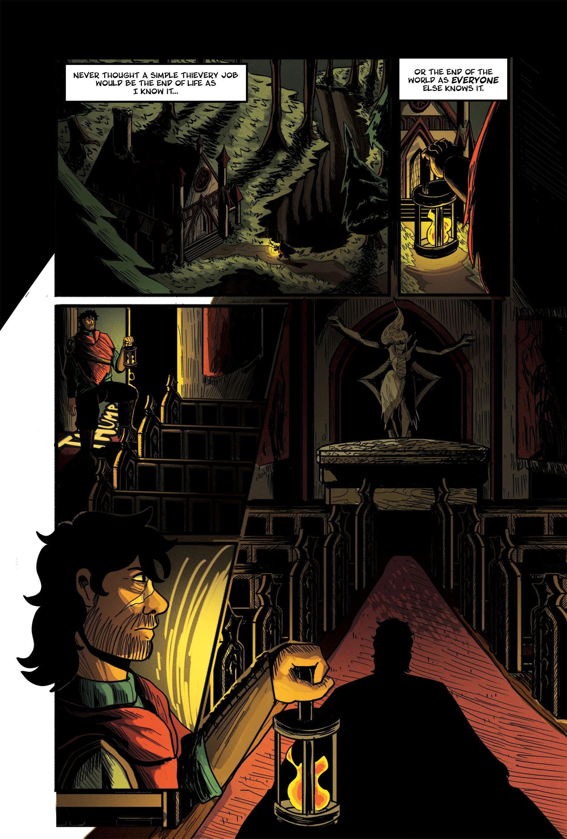 A comic panel showing a man with glasses and long hair pointing at a drawing or book, with a serious expression. In the background, a silhouette of a person is walking towards an ornate door with a bat-like figure above it, in a dimly lit room with candles.