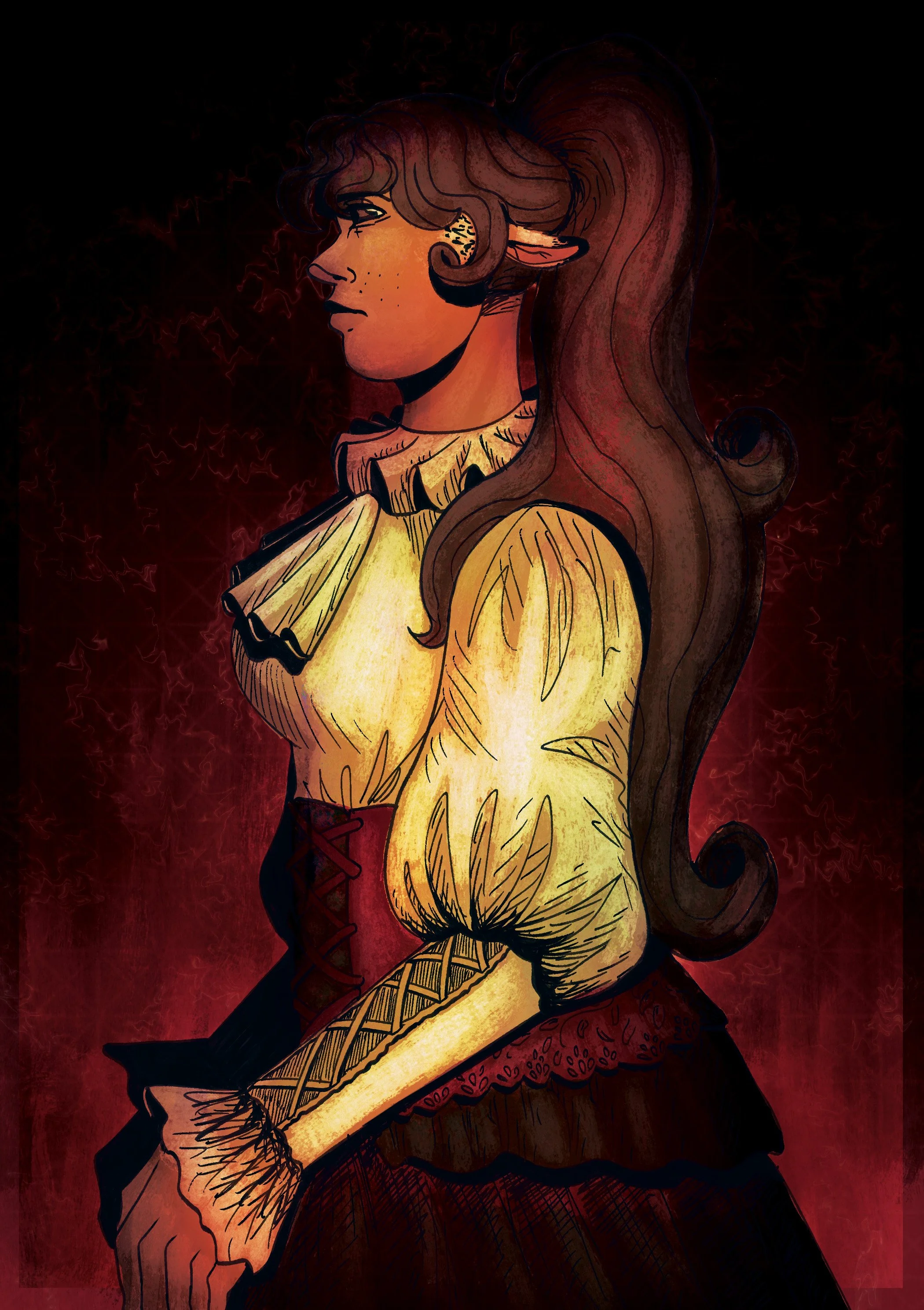 Fantasy illustration of a female elf with long brown hair, yellow and black lace dress, holding a sword, depicted with a dark background and red electric effects.