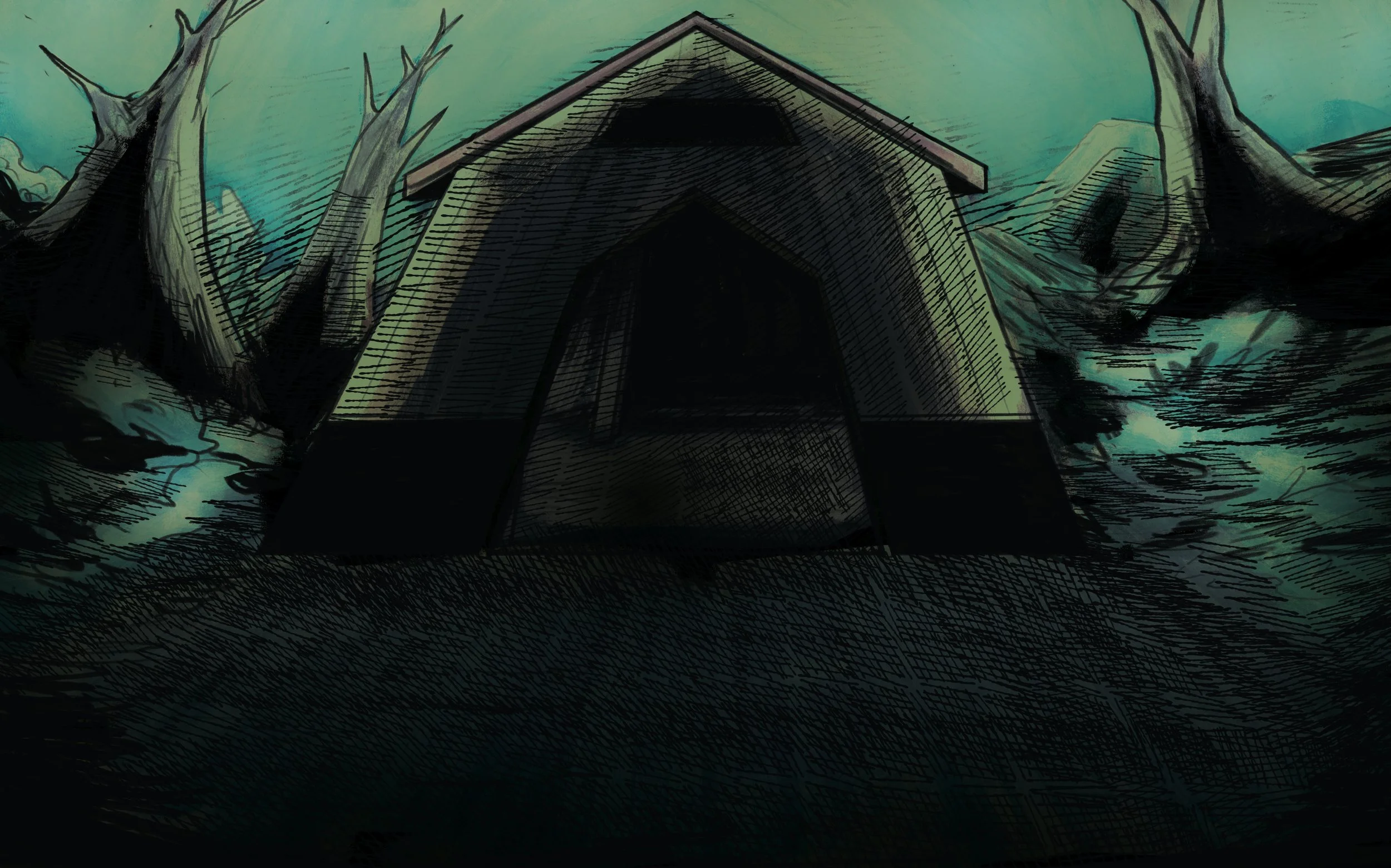 A dark, stylized drawing of a house with an A-frame roof, surrounded by leafless trees and a cloudy sky.