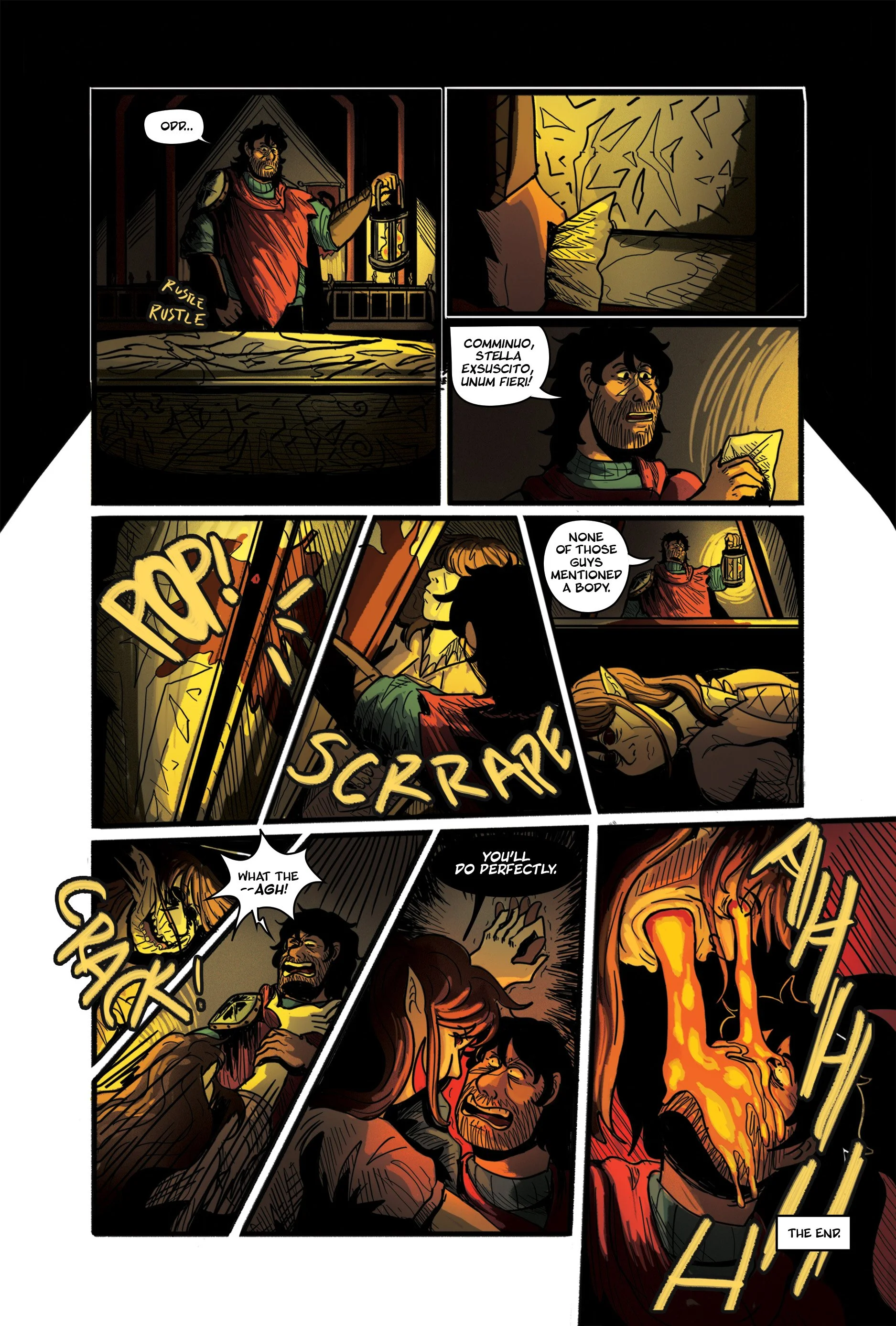 A comic book page depicting a knight-like man holding a lantern, discovering a body in a cave. The scene shows the body engulfed in flames, with dialogue about the body being unrecognizable and the end of the story.