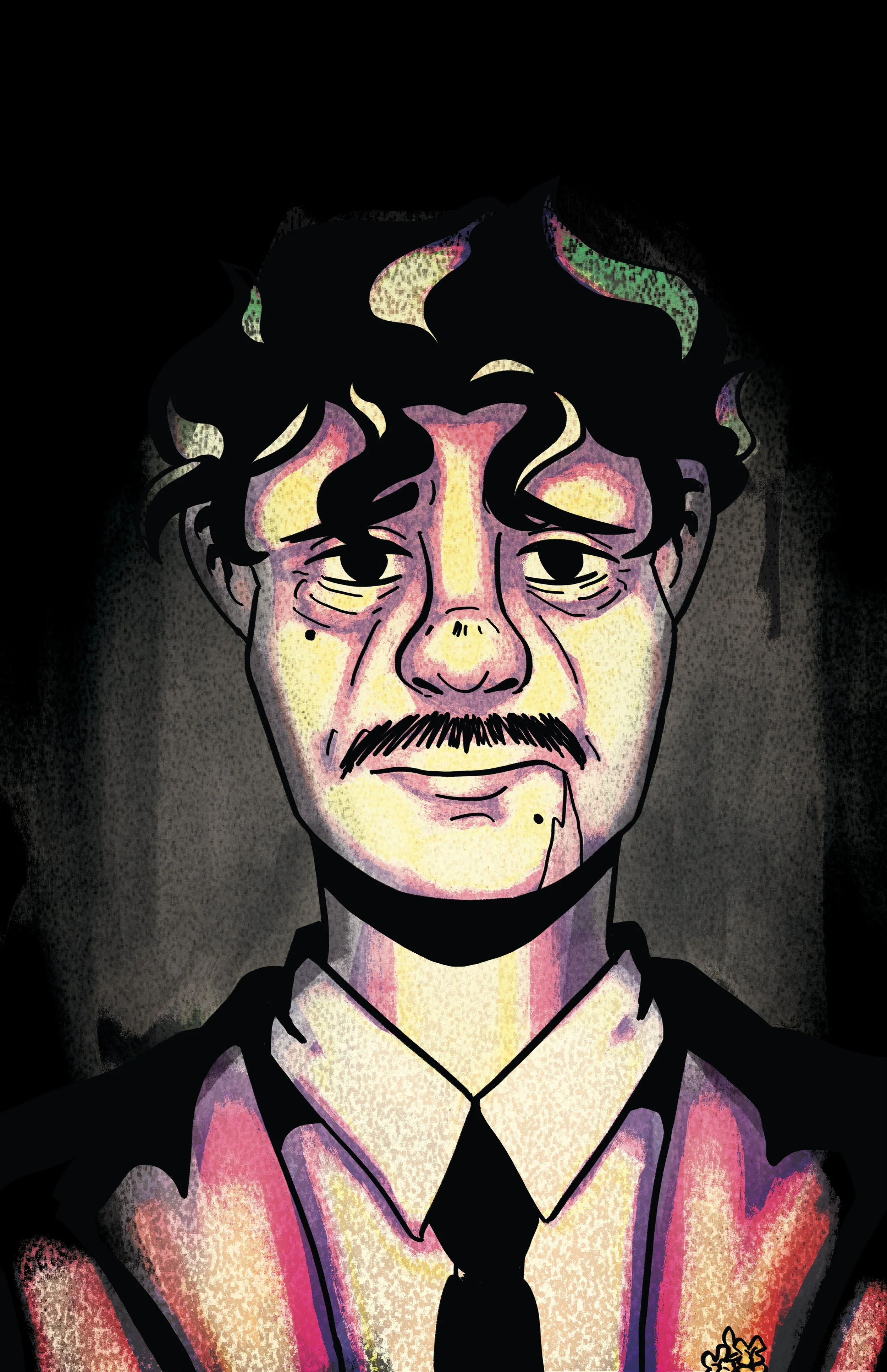 A stylized cartoon portrait of a man with wavy dark hair, mustache, and goatee, wearing a shirt, tie, and blazer, against a dark background.