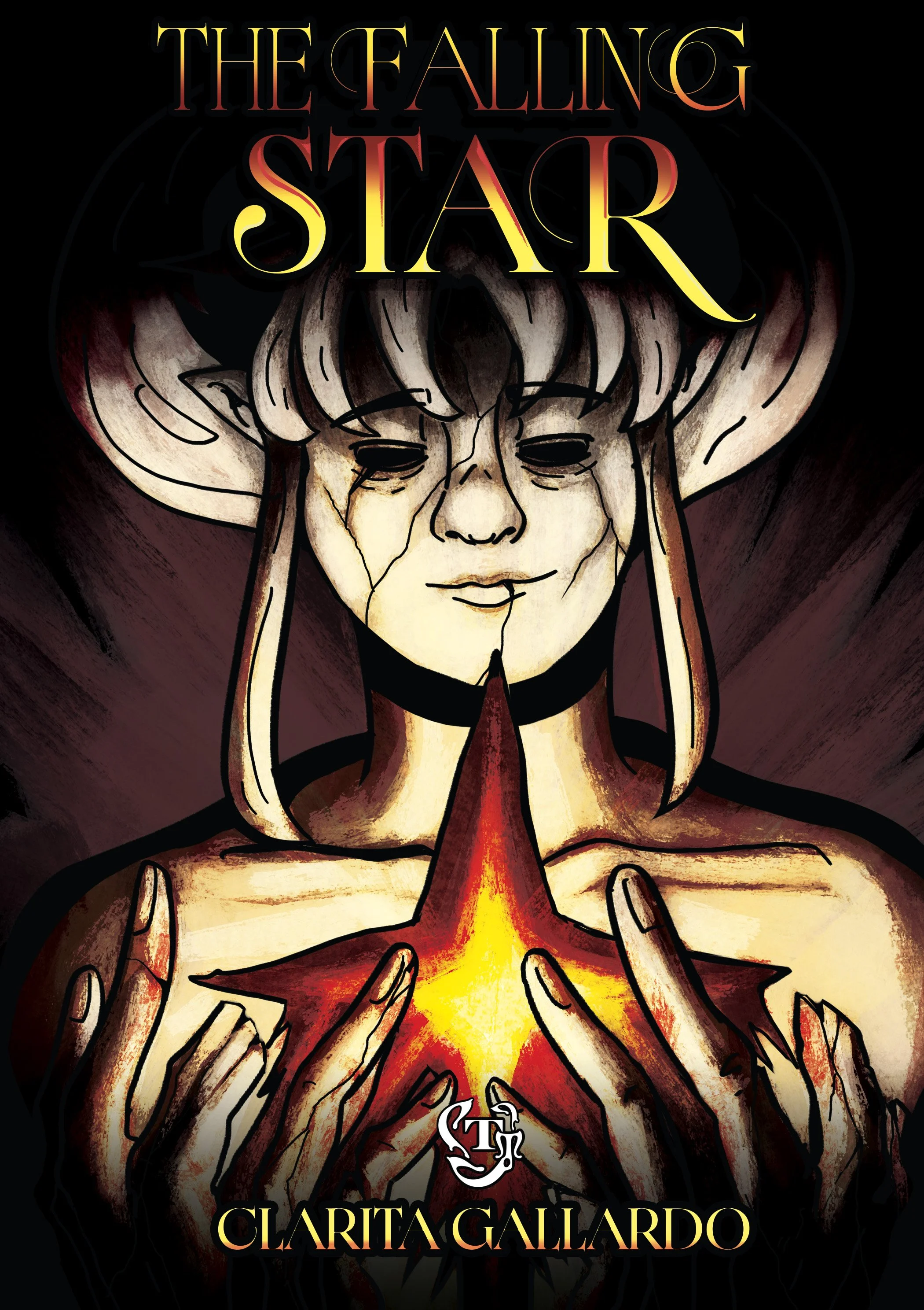 Dark stylized illustration of a woman with long hair, crying black tears, with hands placed on her chest over a red and yellow glowing symbol. The text "The Falling Star" appears at the top, and "Claritaga Gallardo" at the bottom.