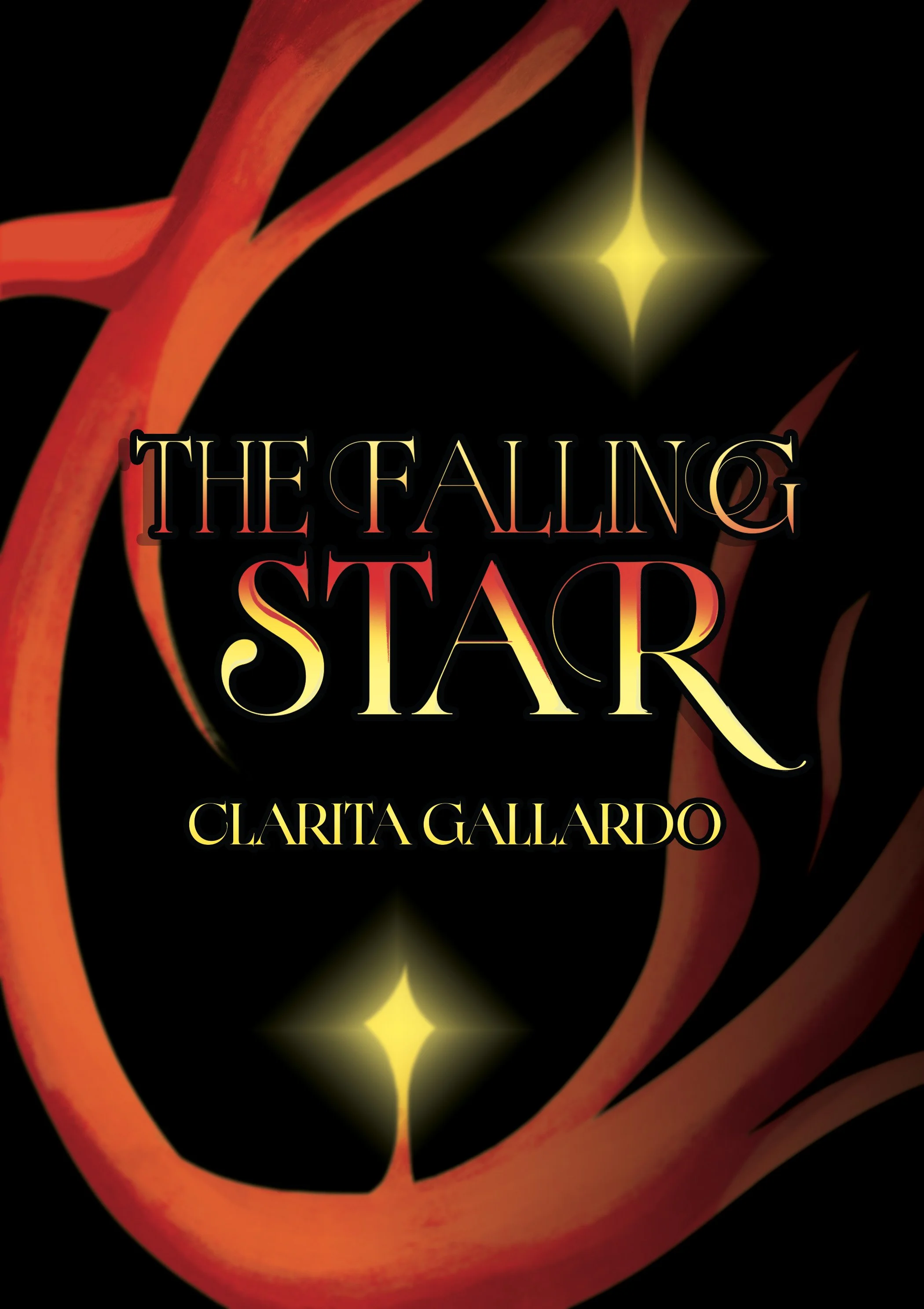 Book cover titled 'The Falling Star' by Clarita Gallardo featuring a black background with fiery orange and yellow flames and a yellow star in the center.