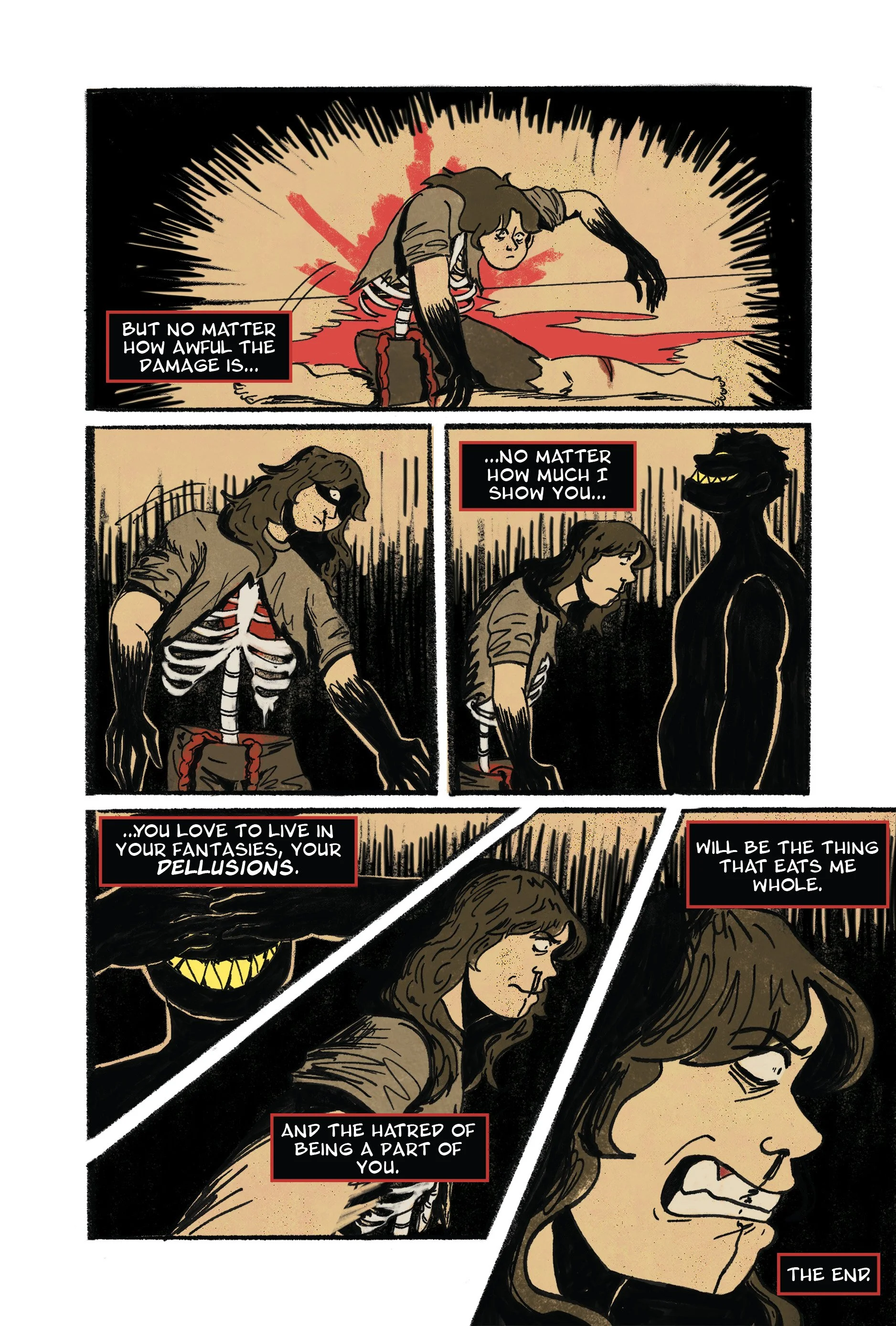 A comic strip featuring a woman with a skeletal chest and black hands. She is talking to a dark, shadowy figure. She reflects on the pain and damage she has endured and her love for living in fantasies and illusions, ultimately leading to her hatred of being part of someone else and her fate in the story.