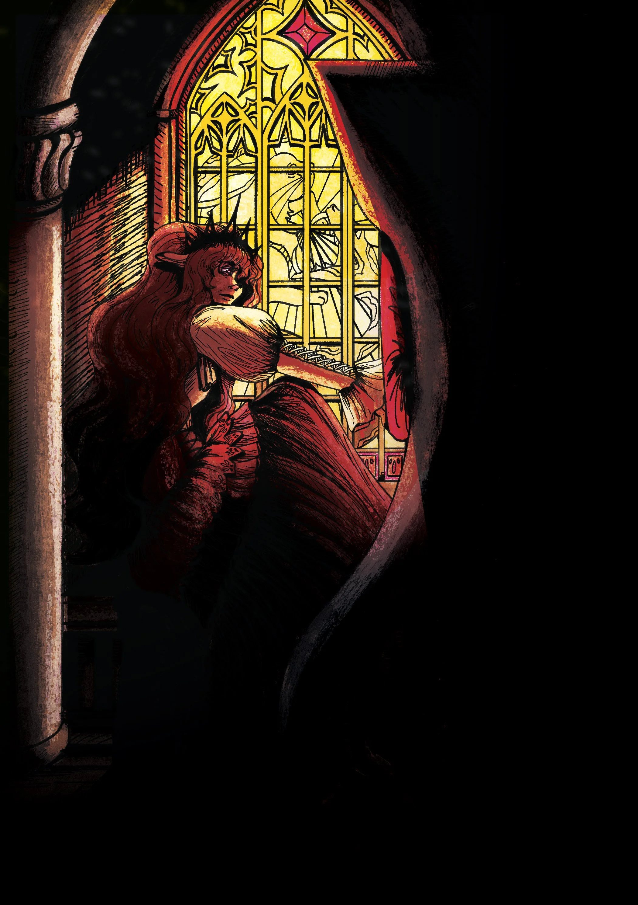 Illustration of a mythical creature with long hair and horns sitting by a large stained glass window. The creature appears to be gazing outside with a contemplative expression.