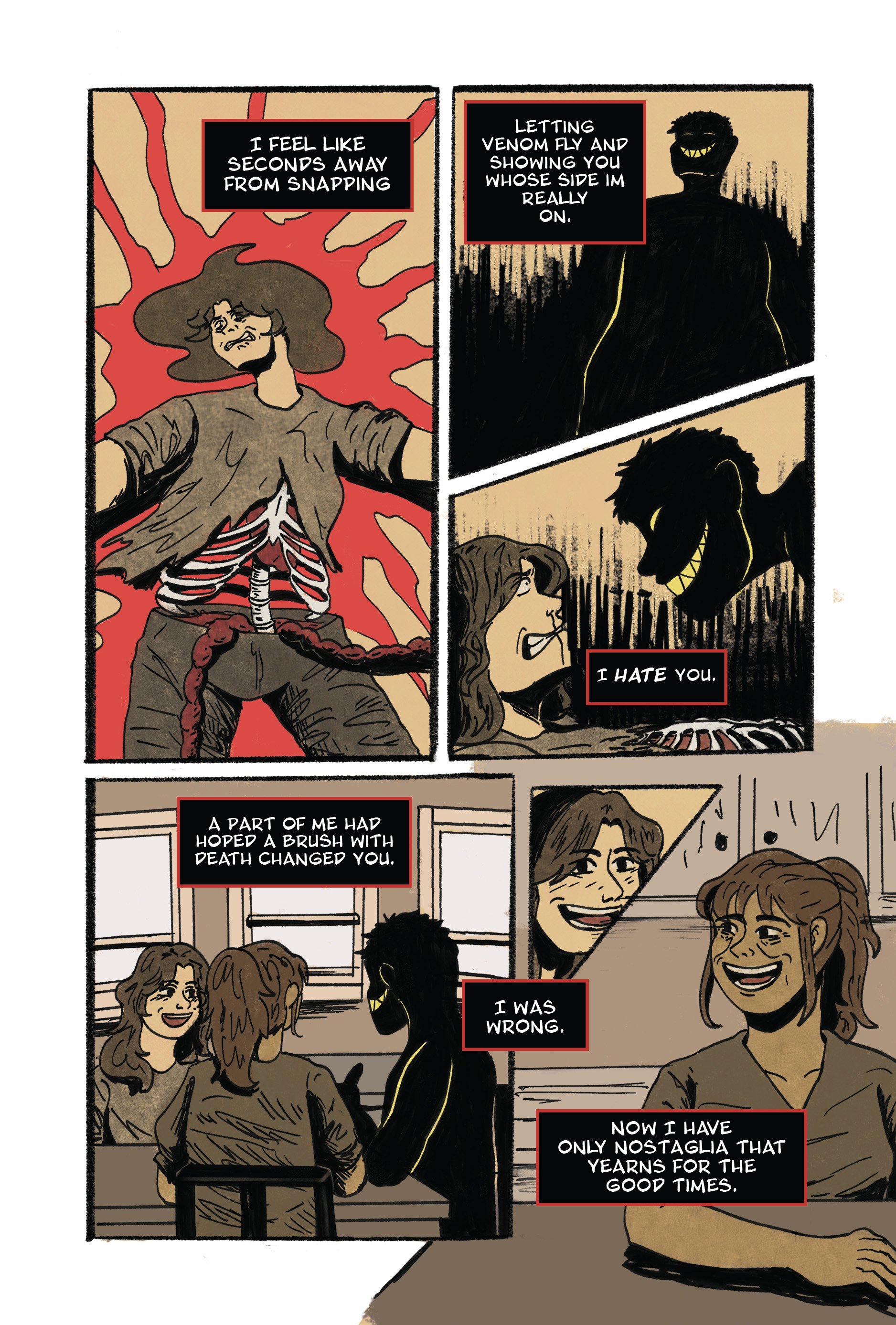 A comic strip featuring two characters. One is a girl with brown hair, smiling and talking to another girl with curly brown hair, also smiling. The comic also includes a menacing figure with a dark face and a wide, yellow grin, who is speaking to a girl lying on a table with her chest exposed, showing her ribs and organs. The comic contains dialogue about feelings, perception, and nostalgia.