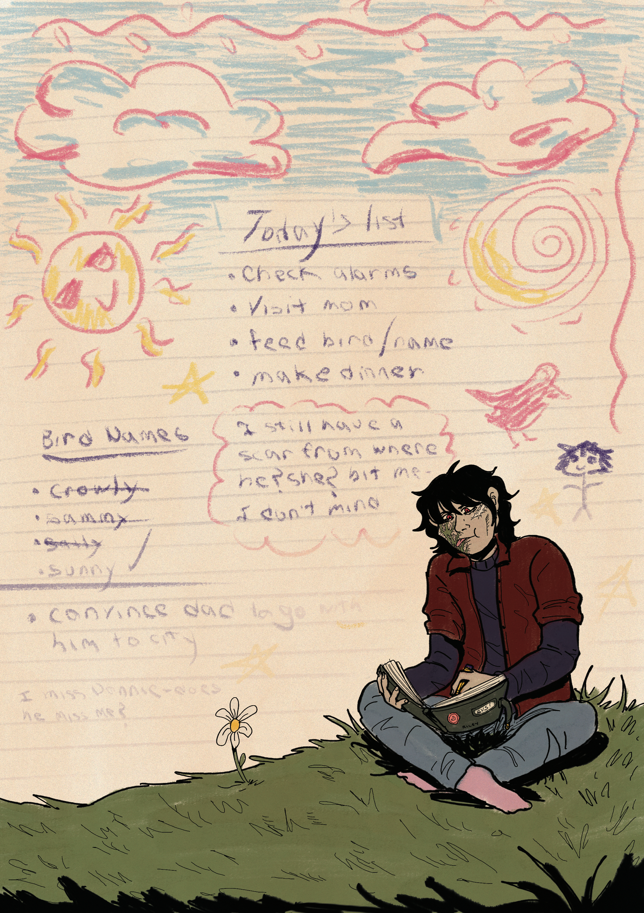 A person with dark hair and a face tattoo, sitting cross-legged on grass, reading a book with a backpack next to them. The background includes a lined paper with handwritten notes, doodles of the sun and clouds, and a small flower on the grass.