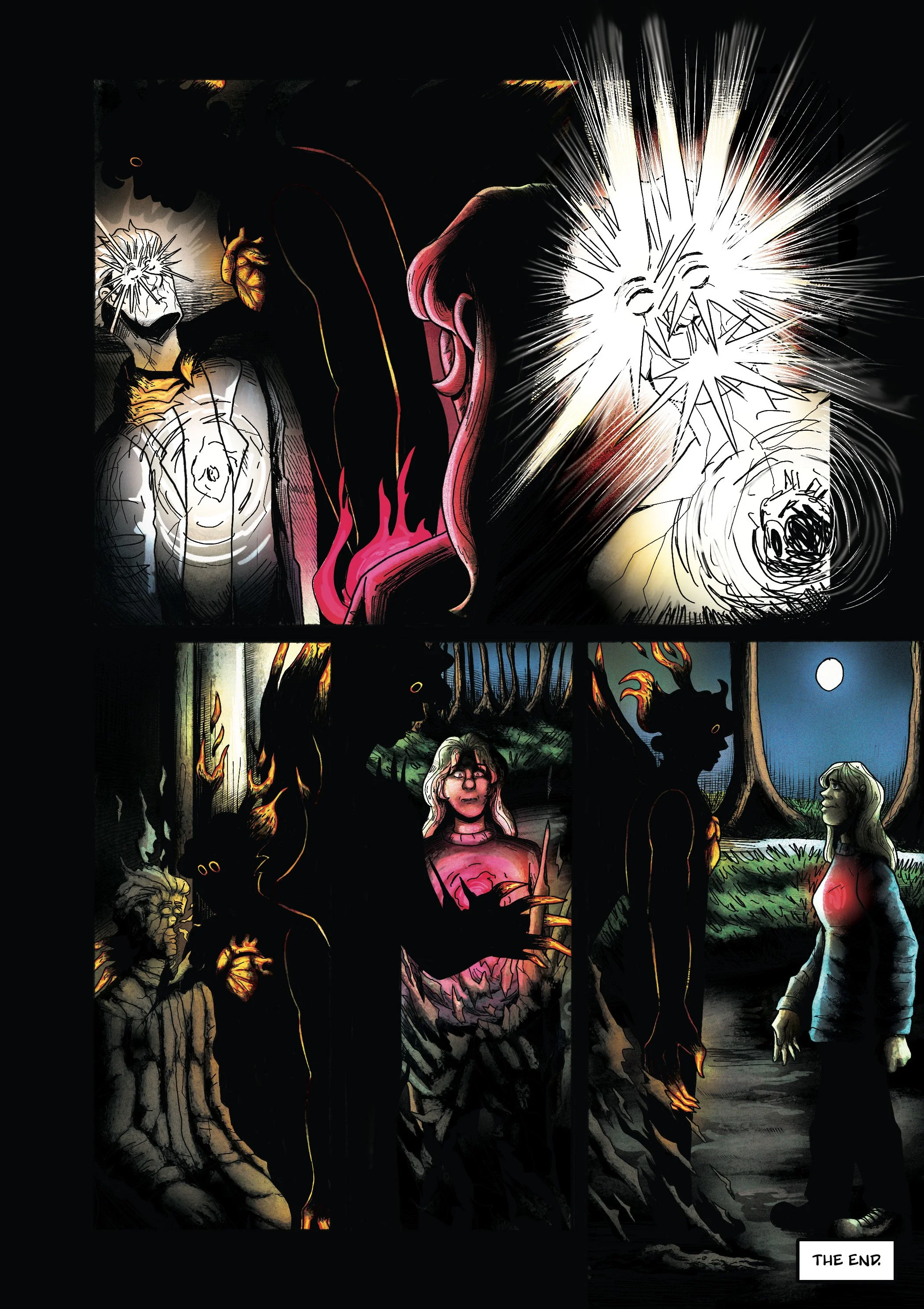 A comic-style illustration depicting a dark, intense scene with various characters. In the top panel, a large figure with glowing eyes and a flowing pink cape stands over a man with a glowing eye, who appears to be hurt, while bright light and energy radiate from the scene. The middle panel shows a sinister black shadow figure with glowing eyes, surrounded by flames and darkness. The bottom panel reveals two women, one with glasses and one with long hair, standing in front of a moonlit landscape, with ominous shadowy figures nearby and a sign labeled "The End" at the bottom right corner.