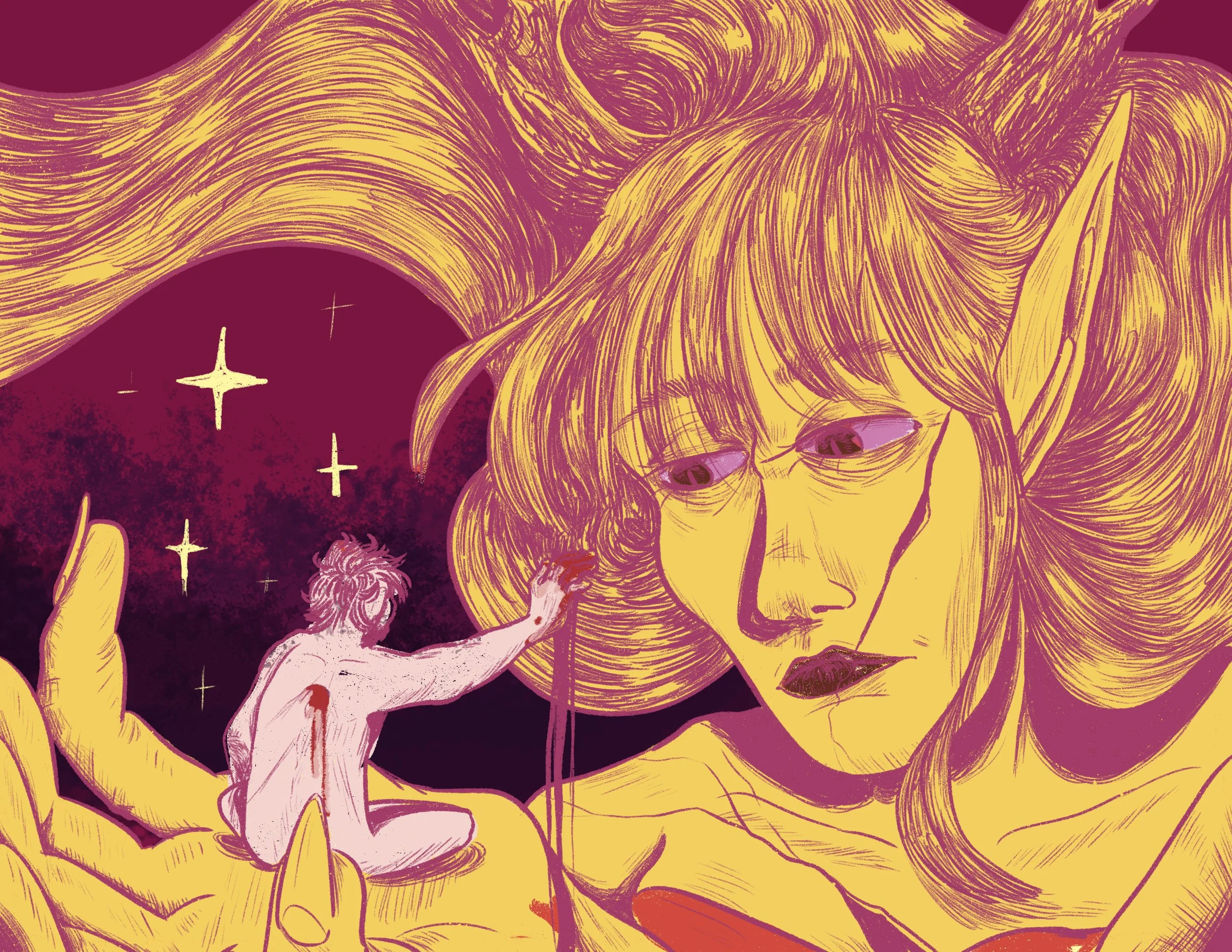 An artistic illustration depicting a large face with flowing hair, with a small naked figure in front of it, reaching upward, set against a dark maroon background with stars.