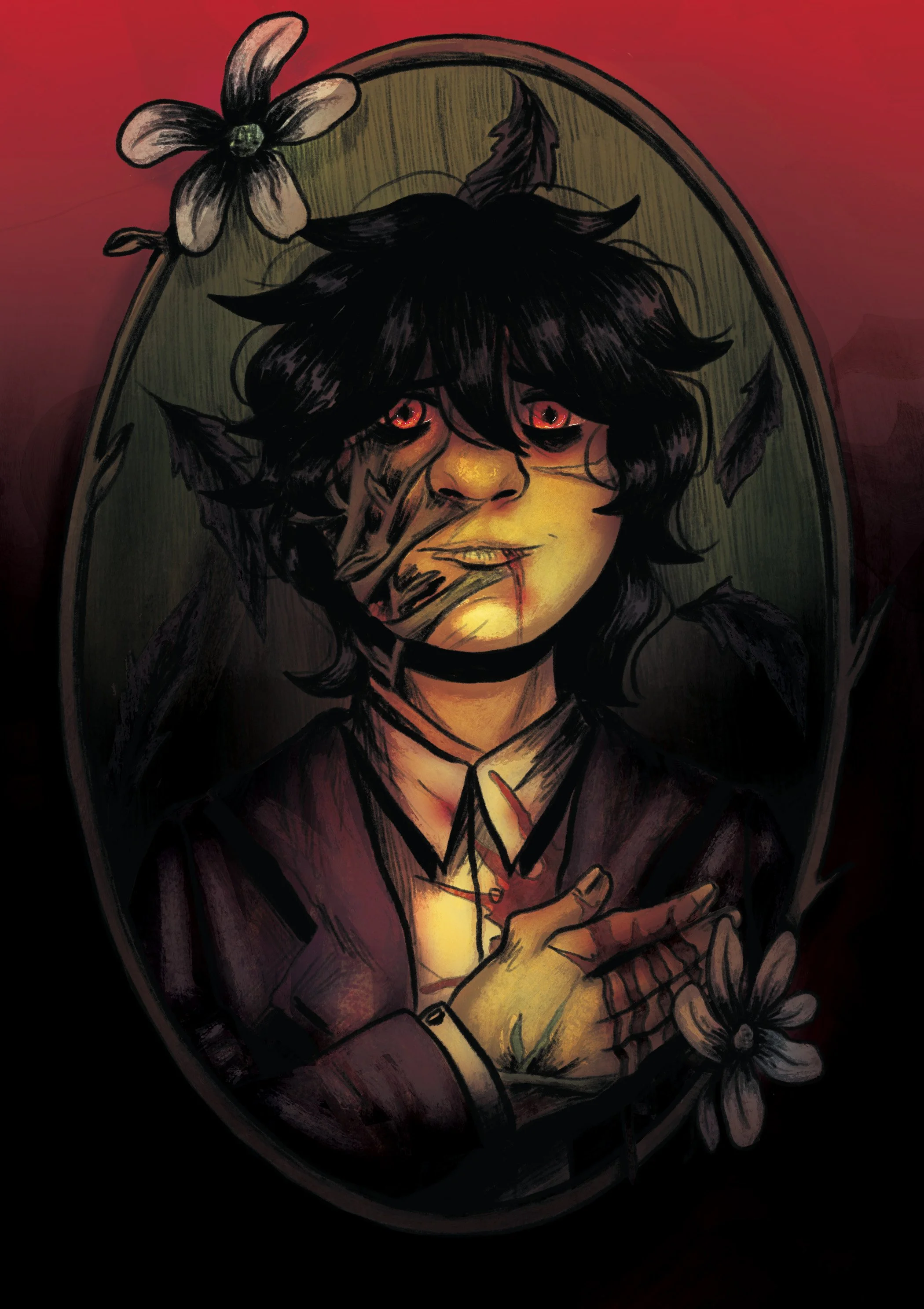 A dark drawing of a person with black hair, red eyes, and a sinister expression, holding a bloodied knife, framed by a floral border with white flowers.