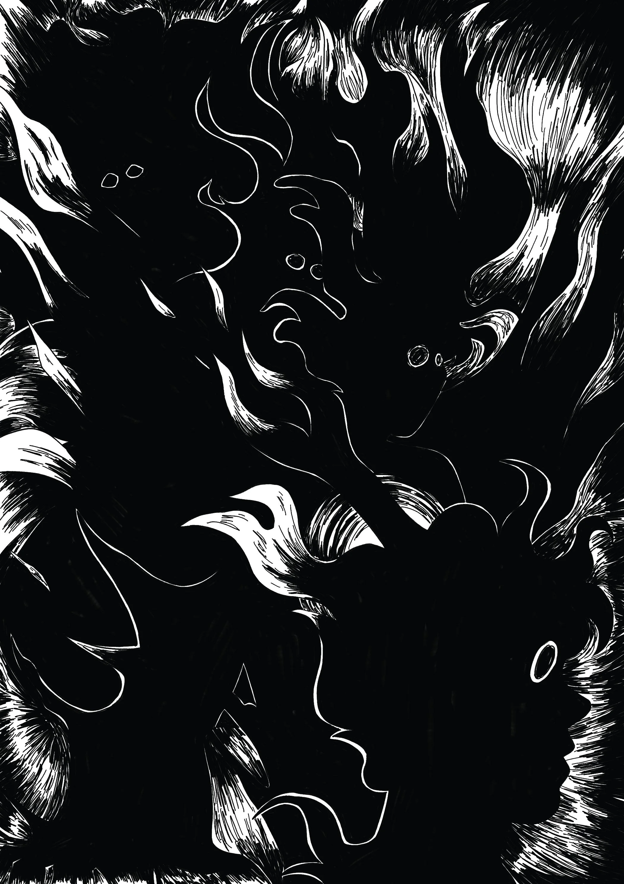 Black and white illustration of a woman with long flowing hair, surrounded by abstract floral shapes and patterns.