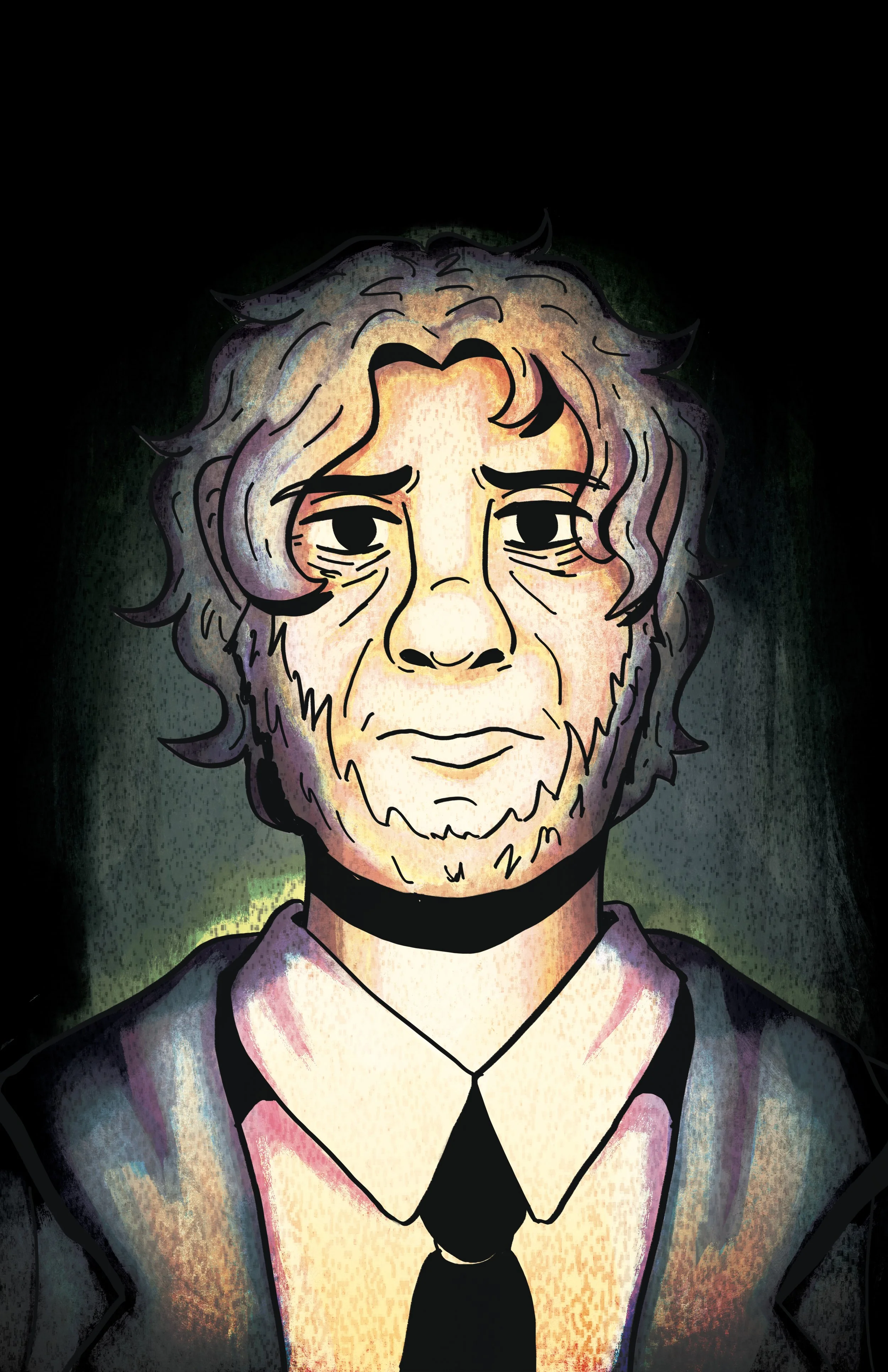 Digital illustration of a man with disheveled hair, dark eyebrows, and a serious expression, wearing a suit and tie. The background is dark with a greenish hue.