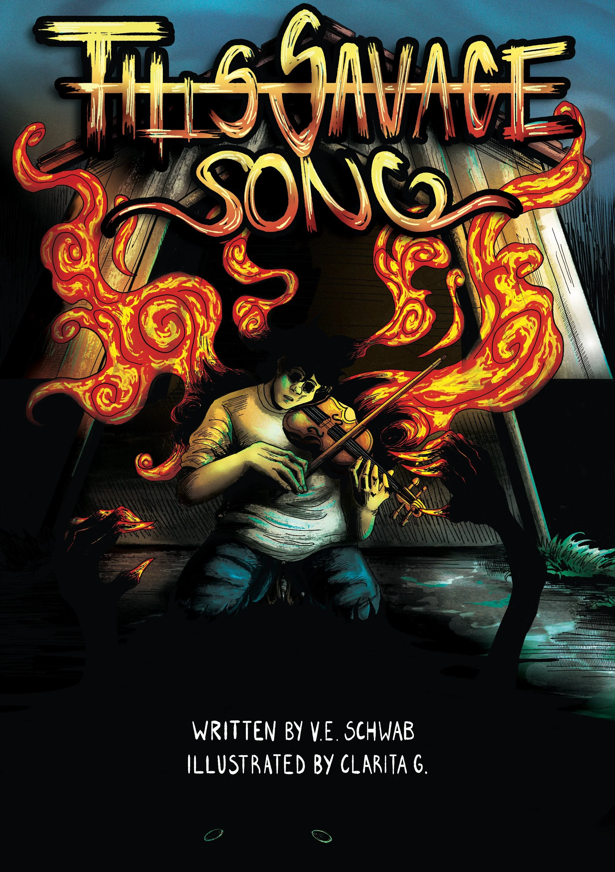 Illustration of a person with glasses playing the violin, surrounded by swirling flames. The title 'The Sacrifice Song' is written in stylized yellow and red letters at the top. The background features a dark, outdoor setting with trees and a wooden fence. The image also includes the text 'Written by V. E. Schwab' and 'Illustrated by Clarita G.' at the bottom.