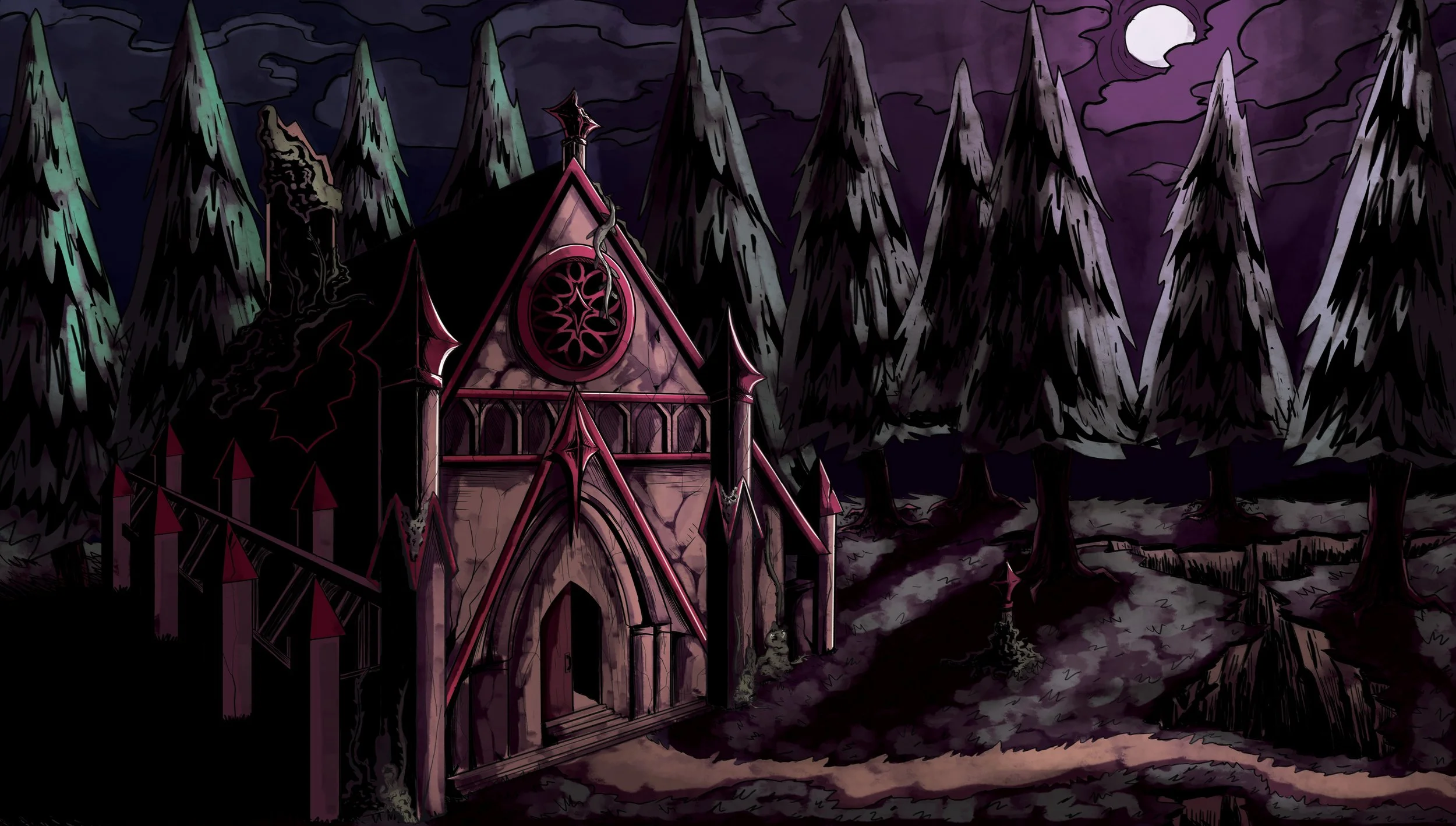 Gothic-style church surrounded by dark pine trees under a moonlit sky.