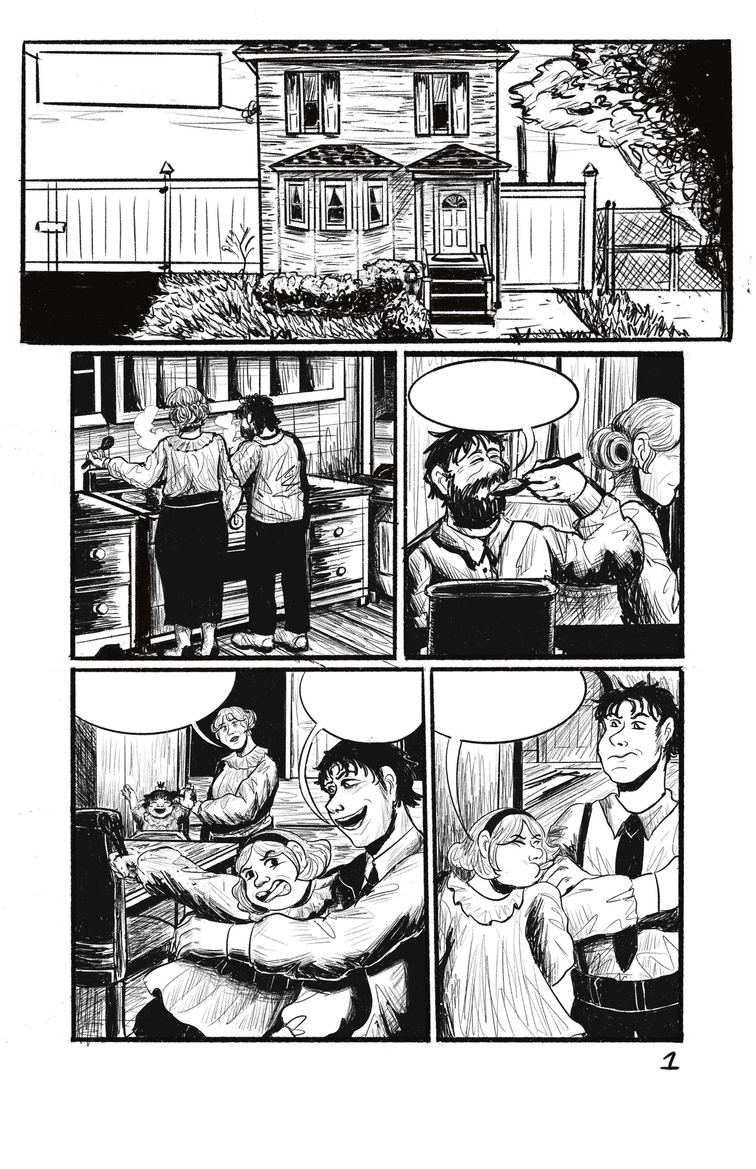 A comic strip featuring a house exterior and scenes of a family inside the house, including two women cooking, a man with a beard eating, a woman with glasses speaking to a man, and children playing and smiling.