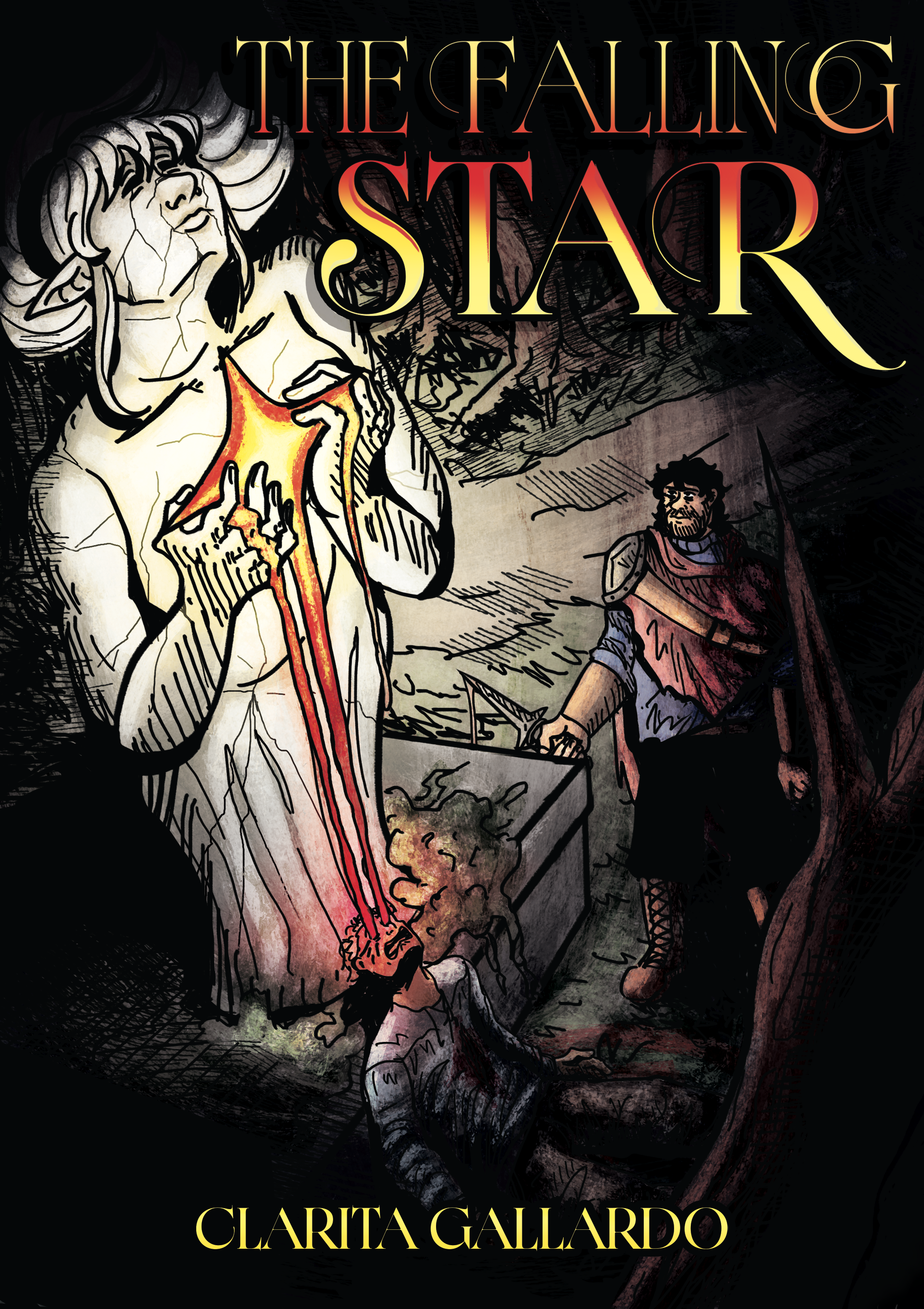 Book cover titled 'The Falling Star' by Clarita Gallardo. The cover features an illustration of a woman with flowing hair and pointed ears, holding her hand to her face with glowing tape over her neck. In the background, a man dressed in medieval armor and a red cloak, holding a sword, stands in a dark, cloudy landscape.
