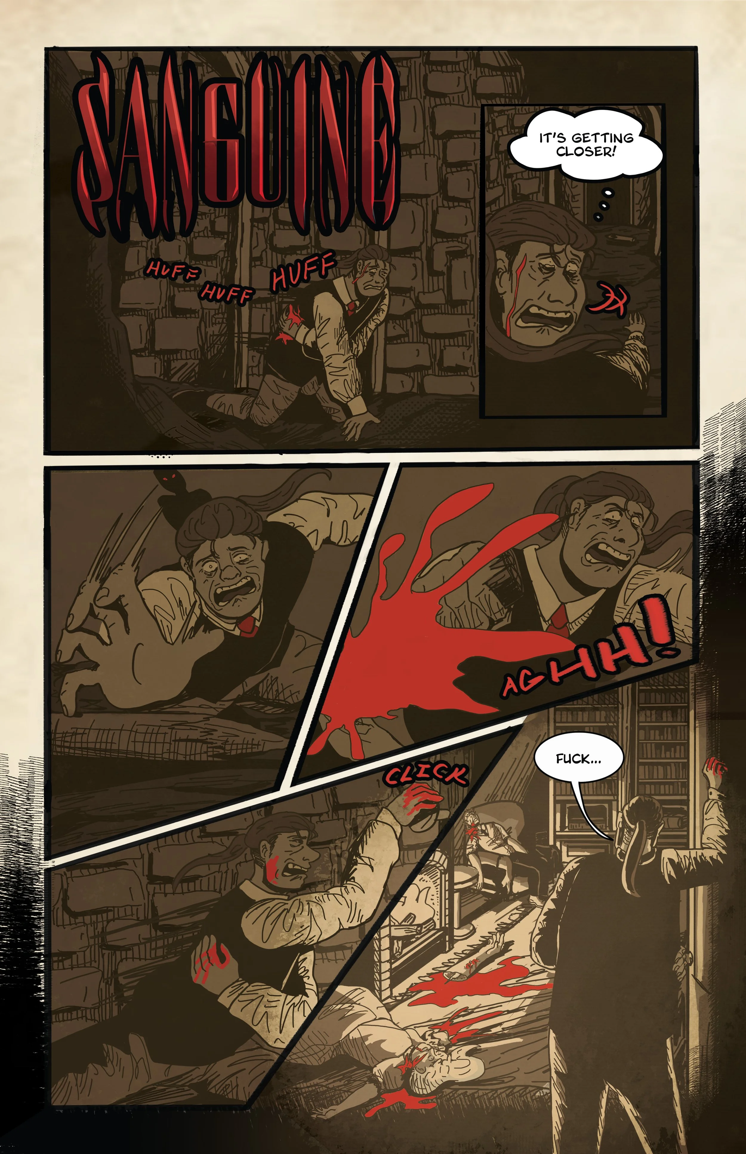 A comic-style illustration of a person in distress inside a library, with another person seemingly in control, blood and injuries visible. The scene includes speech and sound effects indicating violence and fear.