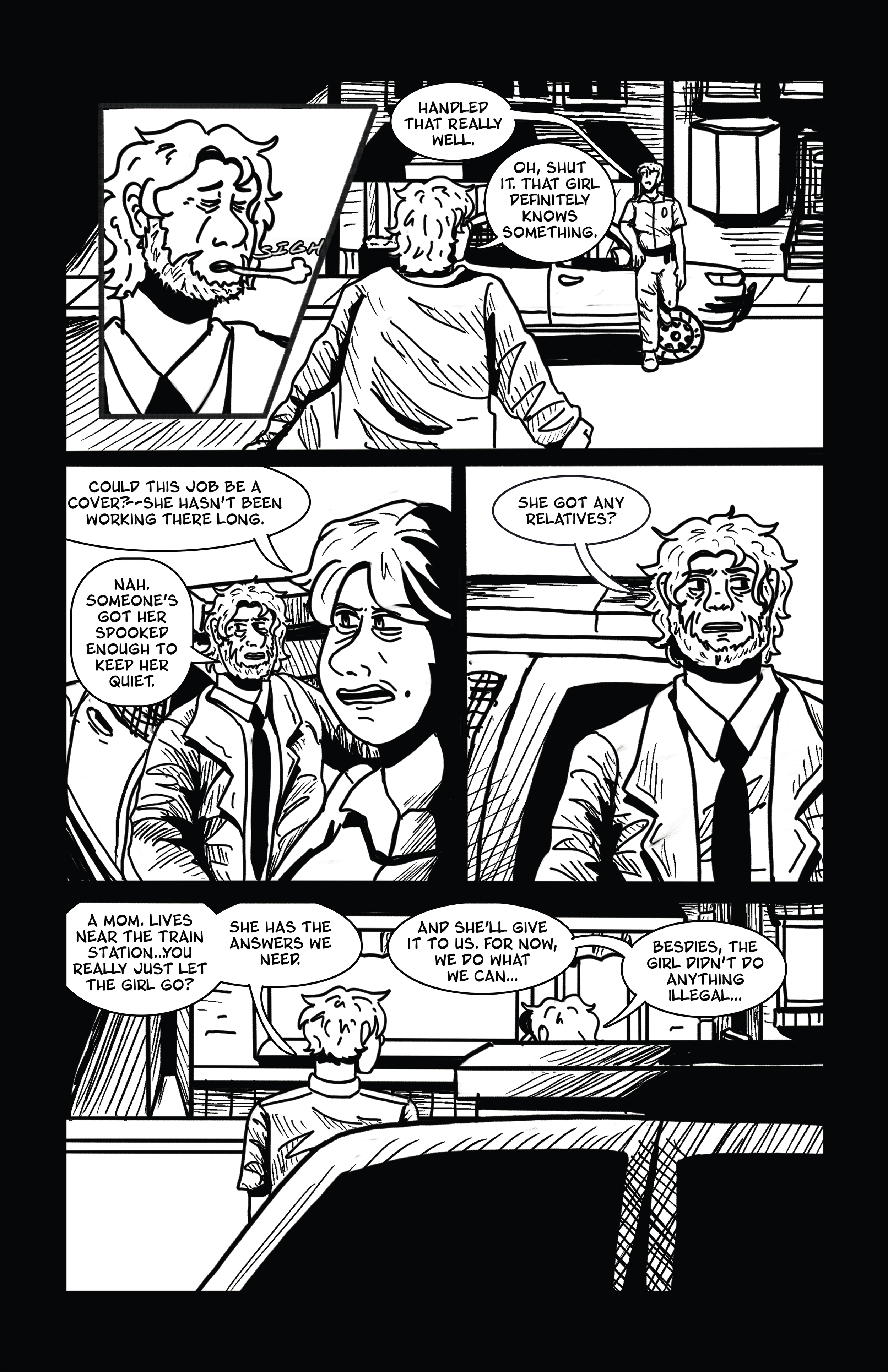 A black and white comic strip depicting a conversation between a group of people, including a man with a beard, a woman, and a police officer. The characters discuss a girl who has not been working long and who might be involved in illegal activity, near a train station.