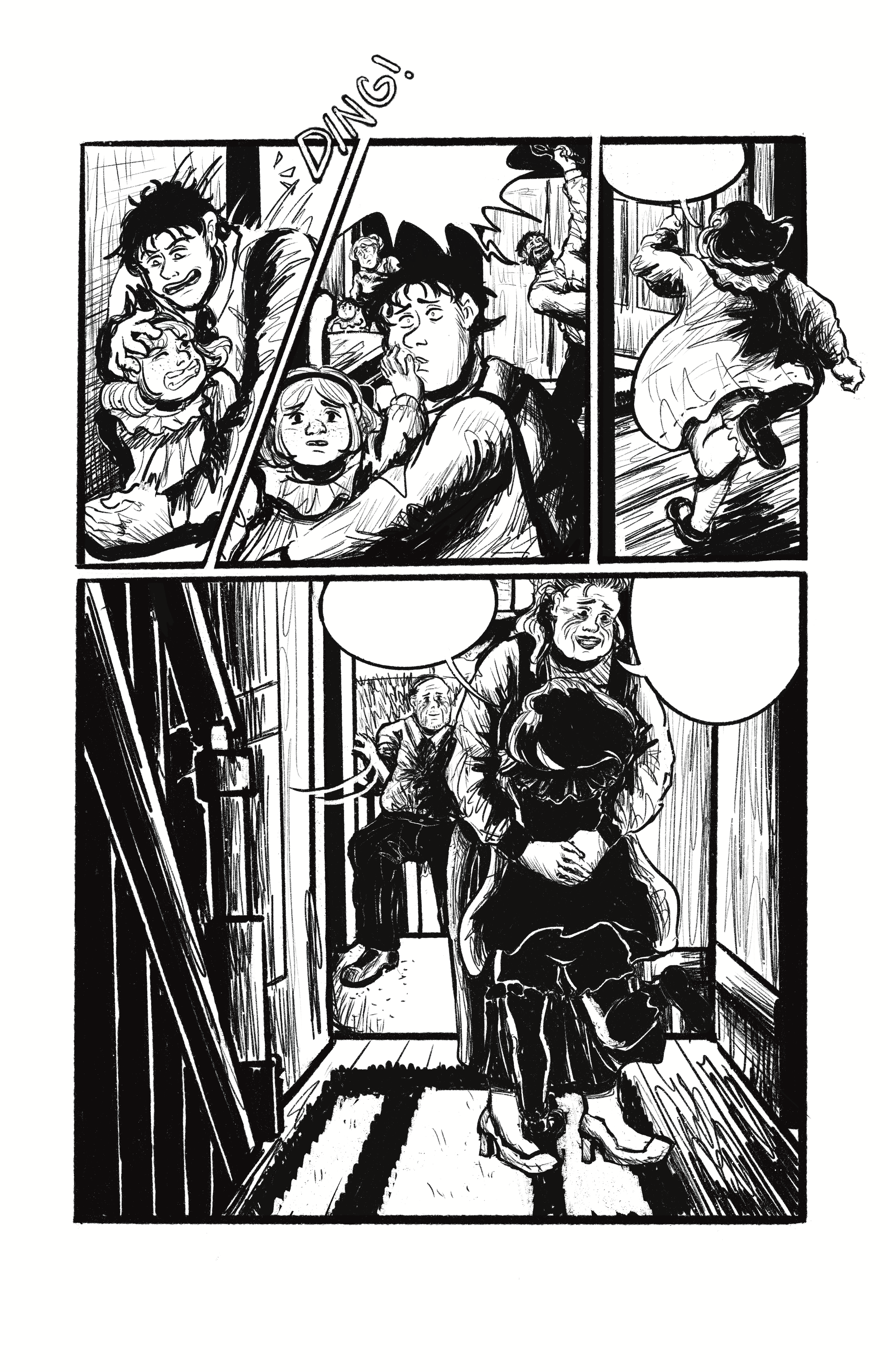 Black and white comic strip showing a girl with curly hair entering a room, being greeted by an older woman, and then sitting with an older man, with her phone in her hand and others in the background.