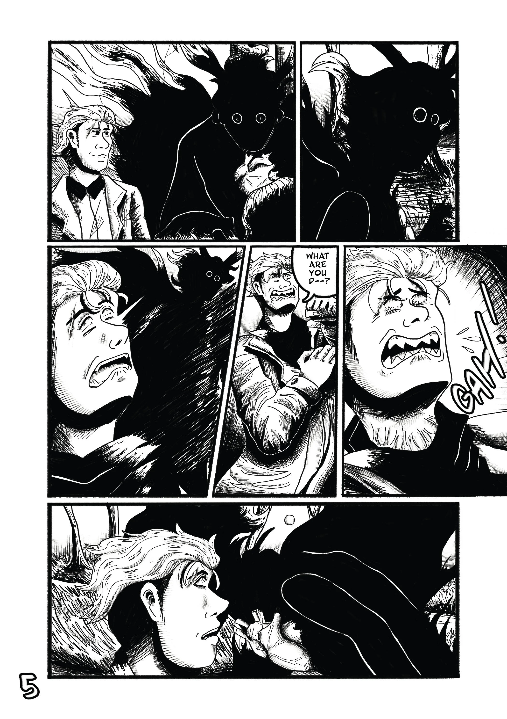 Black and white comic strip featuring a woman with long hair and a man with short hair and glasses. The woman appears to be frightened and struggling, while the man, apparently distressed, asks what the other character is. The mysterious dark figure with glowing eyes looms over them, causing alarm and fear.